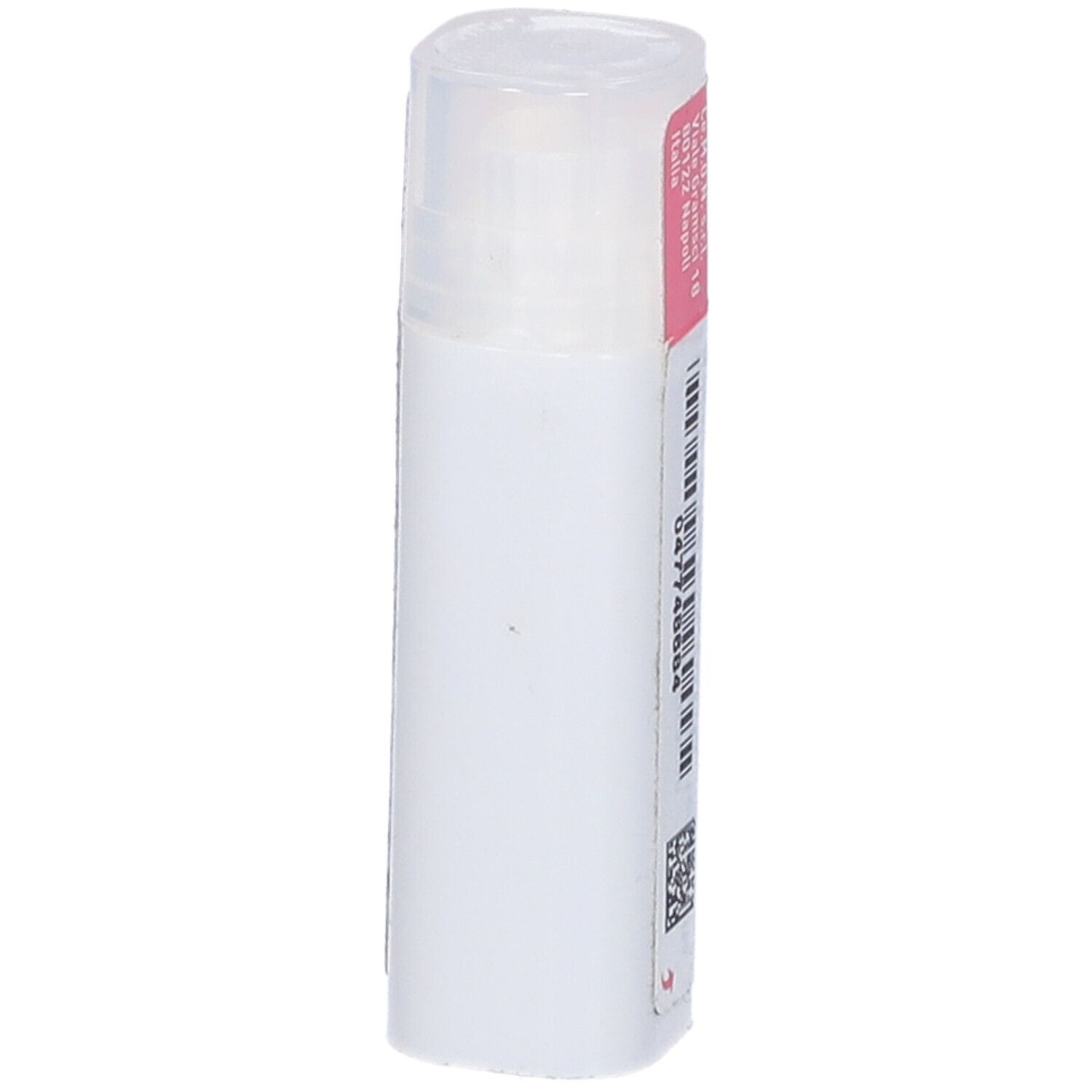 Contenitore cilindrico, bianco con etichetta rosa. Scritta: Rhus toxicodendron, 30 LM. Con codice a barre.