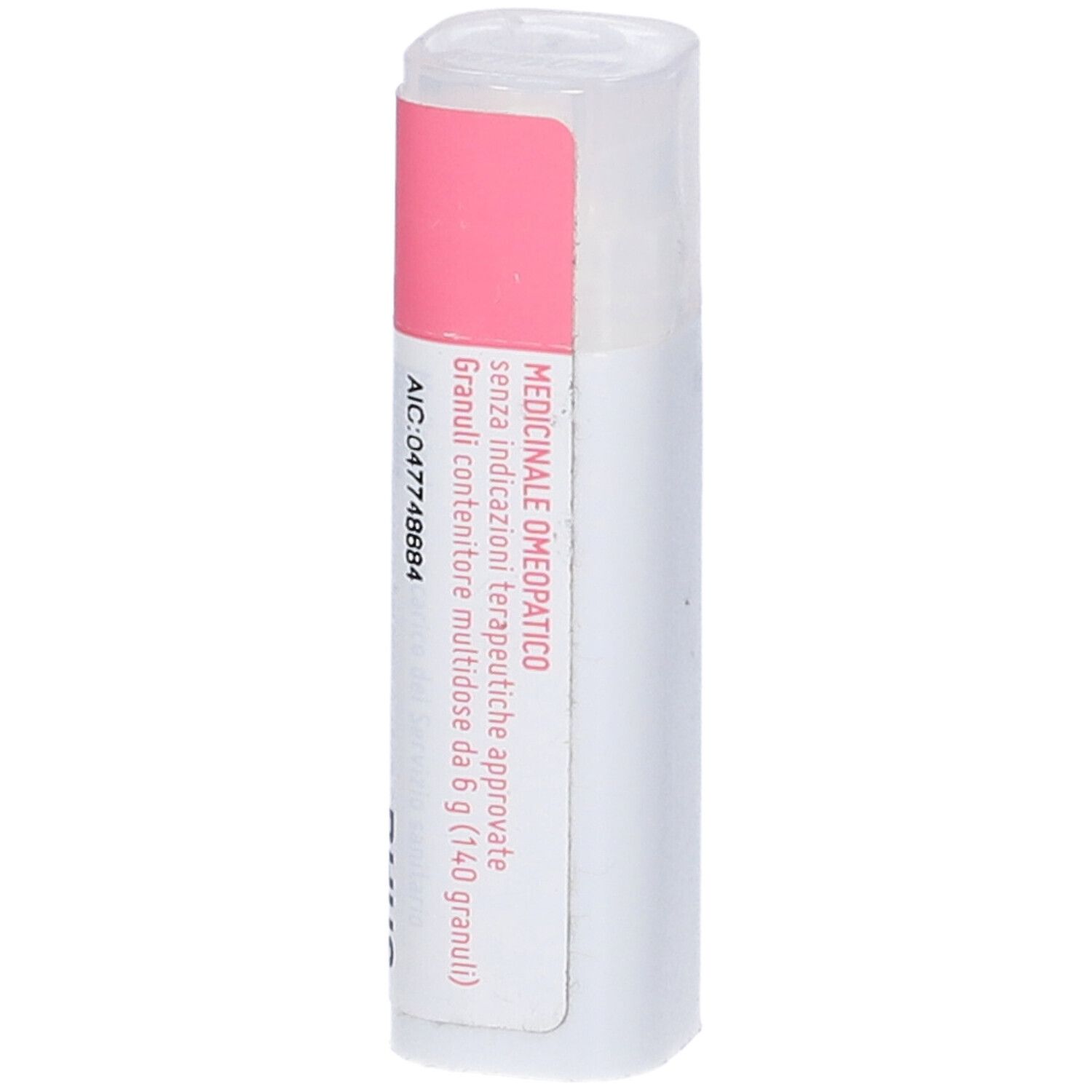 Contenitore cilindrico, bianco con etichetta rosa. Scritta: Rhus toxicodendron, 30 LM. Con codice a barre.