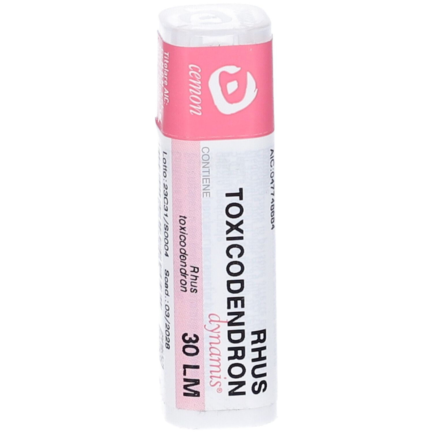 Contenitore cilindrico, bianco con etichetta rosa. Scritta: Rhus toxicodendron, 30 LM. Con codice a barre.