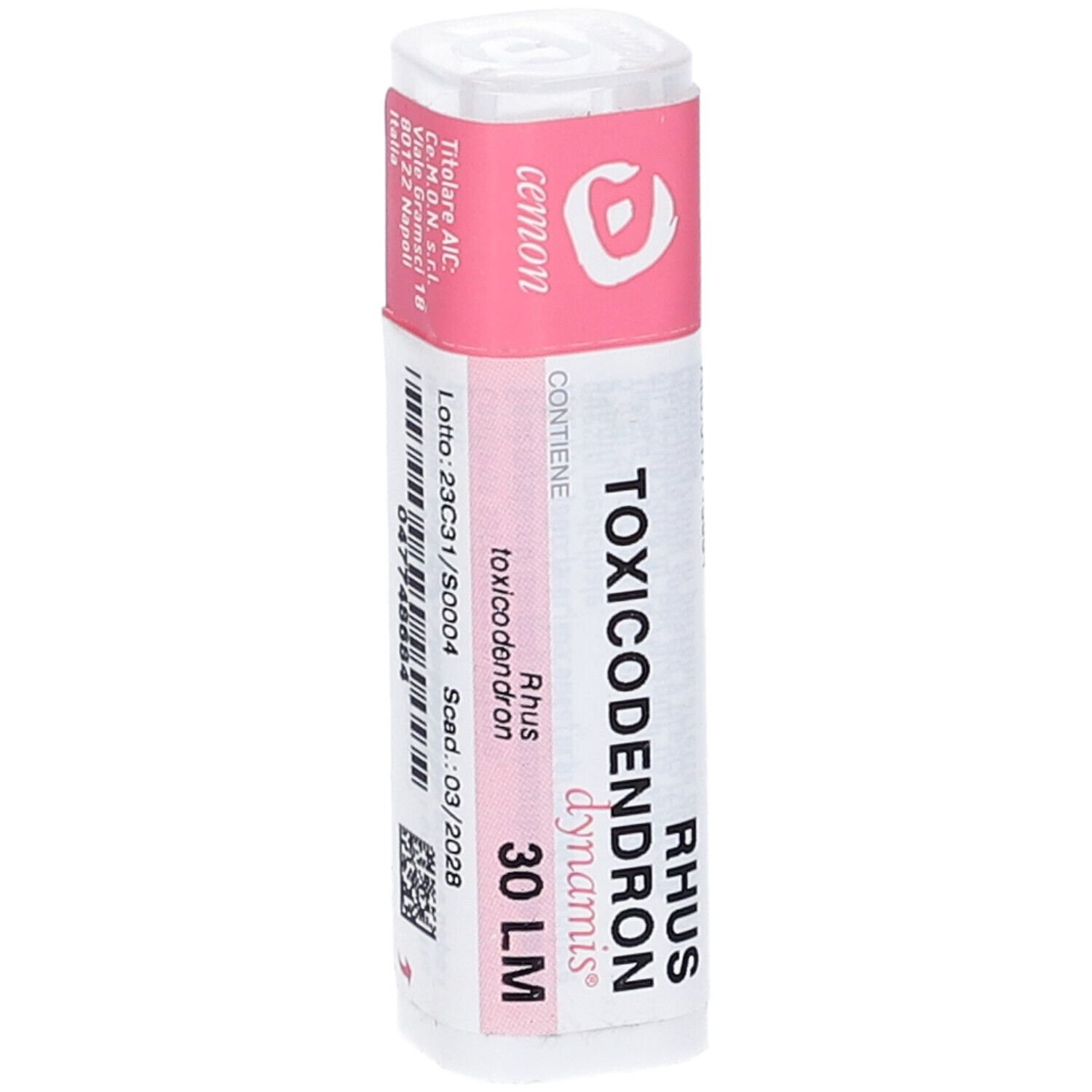 Contenitore cilindrico, bianco con etichetta rosa. Scritta: Rhus toxicodendron, 30 LM. Con codice a barre.