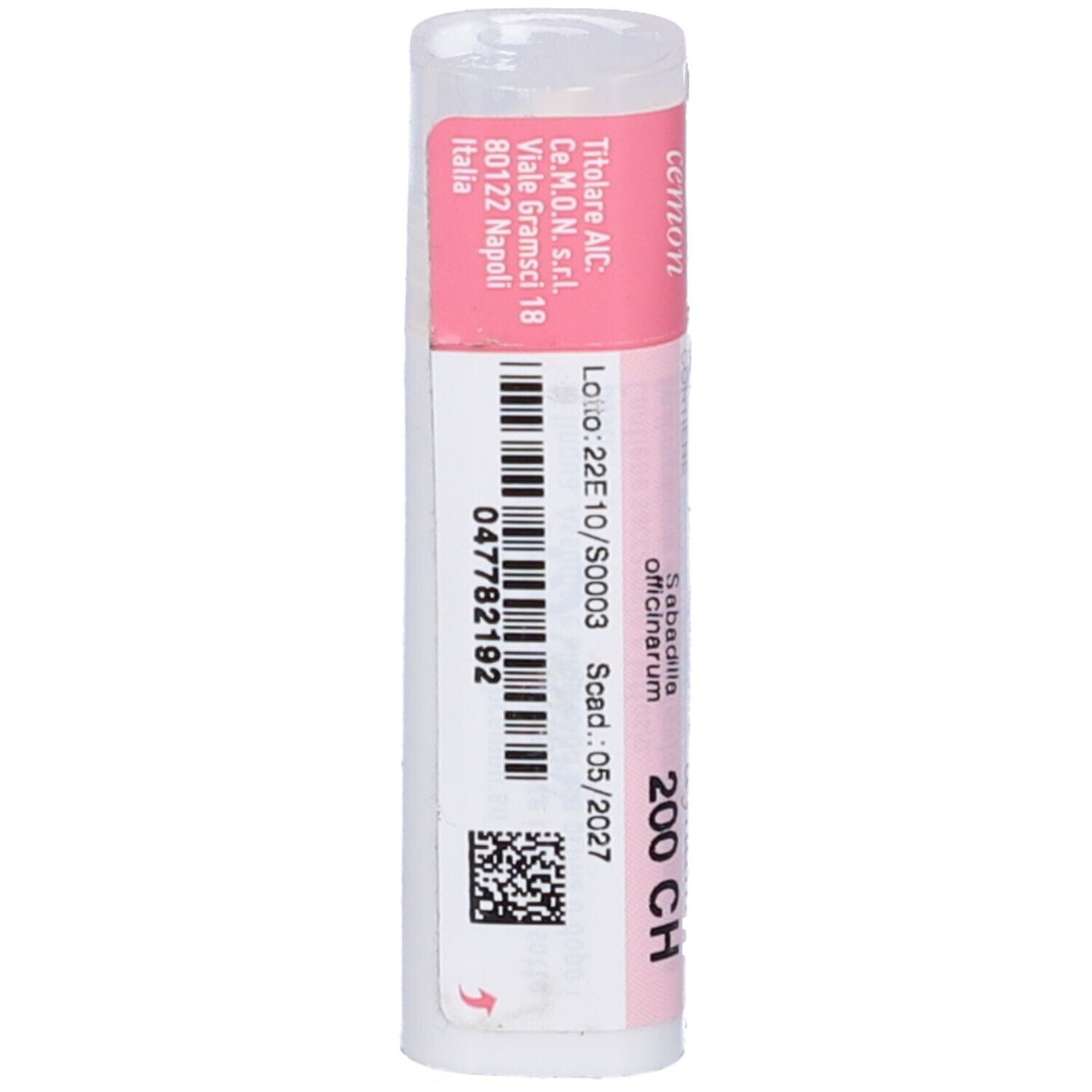 Confezione cilindrica con etichetta rosa e bianca. Scritta: Sabadilla officinarum 200 CH, dynamis. Codice a barre e informazioni.