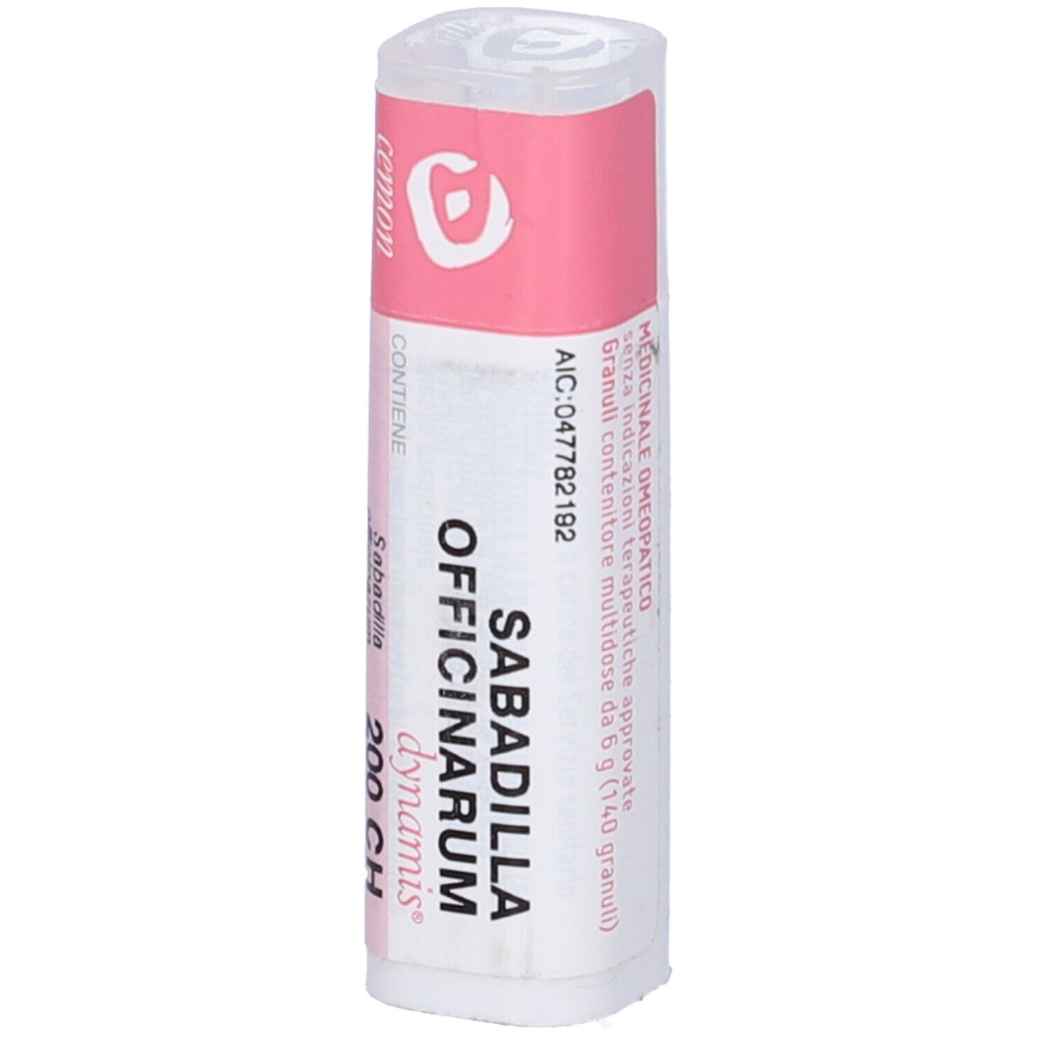 Confezione cilindrica con etichetta rosa e bianca. Scritta: Sabadilla officinarum 200 CH, dynamis. Codice a barre e informazioni.