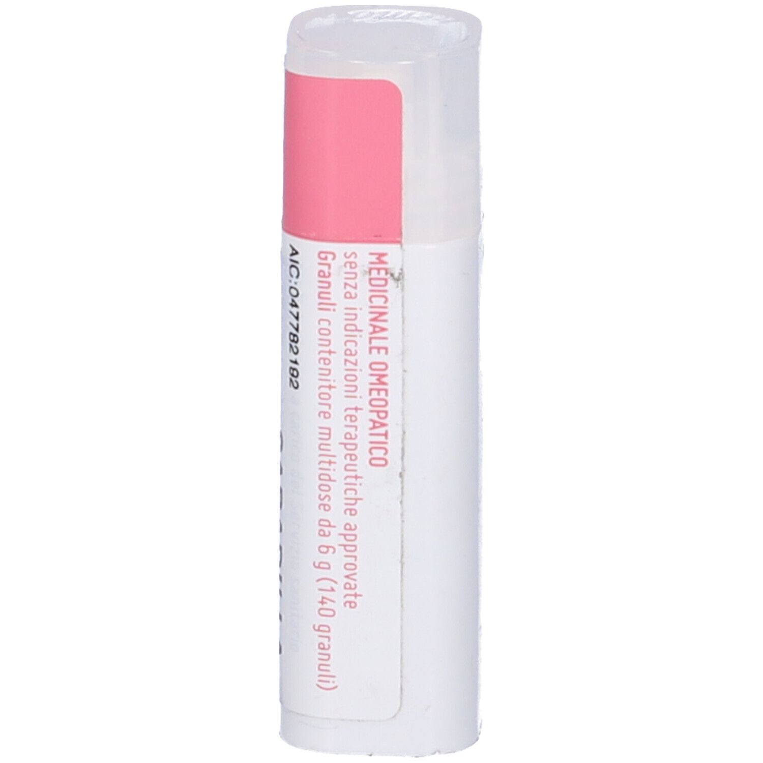 Confezione cilindrica con etichetta rosa e bianca. Scritta: Sabadilla officinarum 200 CH, dynamis. Codice a barre e informazioni.