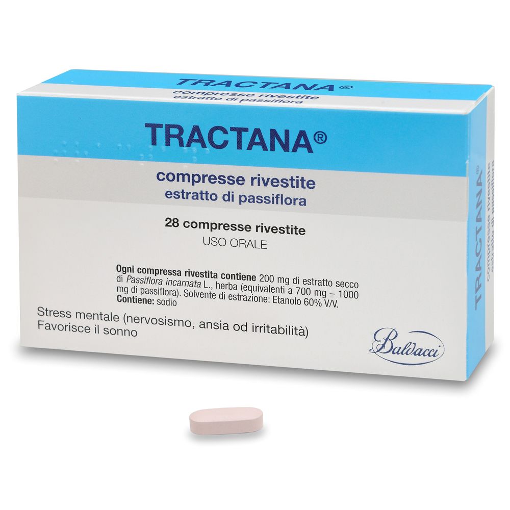 Confezione di TRACTANA® con 28 compresse. Una compressa accanto. Scritta: compresse rivestite, estratto di passiflora.