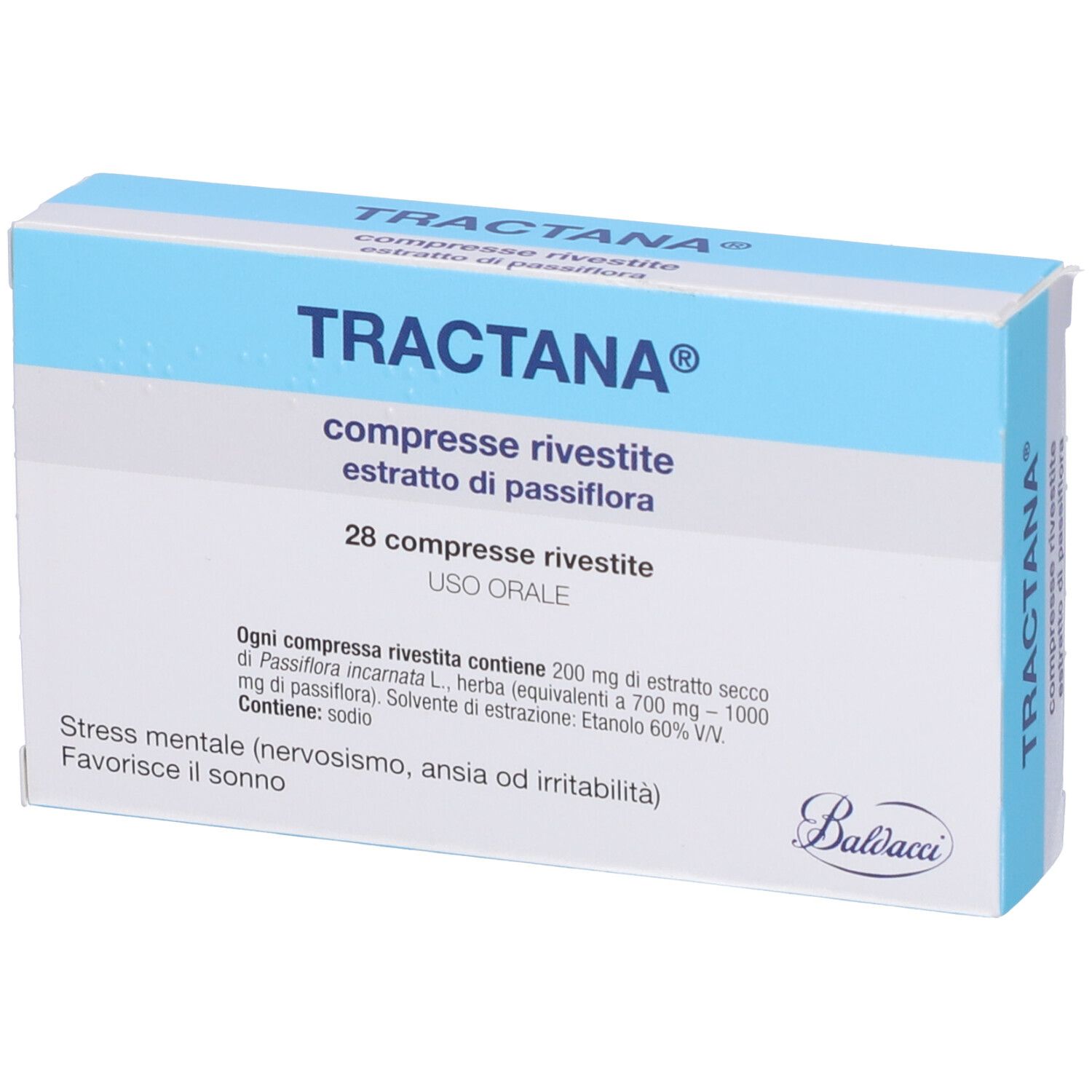 Confezione di TRACTANA®, vista frontale. Scatola blu e bianca con scritta: compresse rivestite, estratto di passiflora.