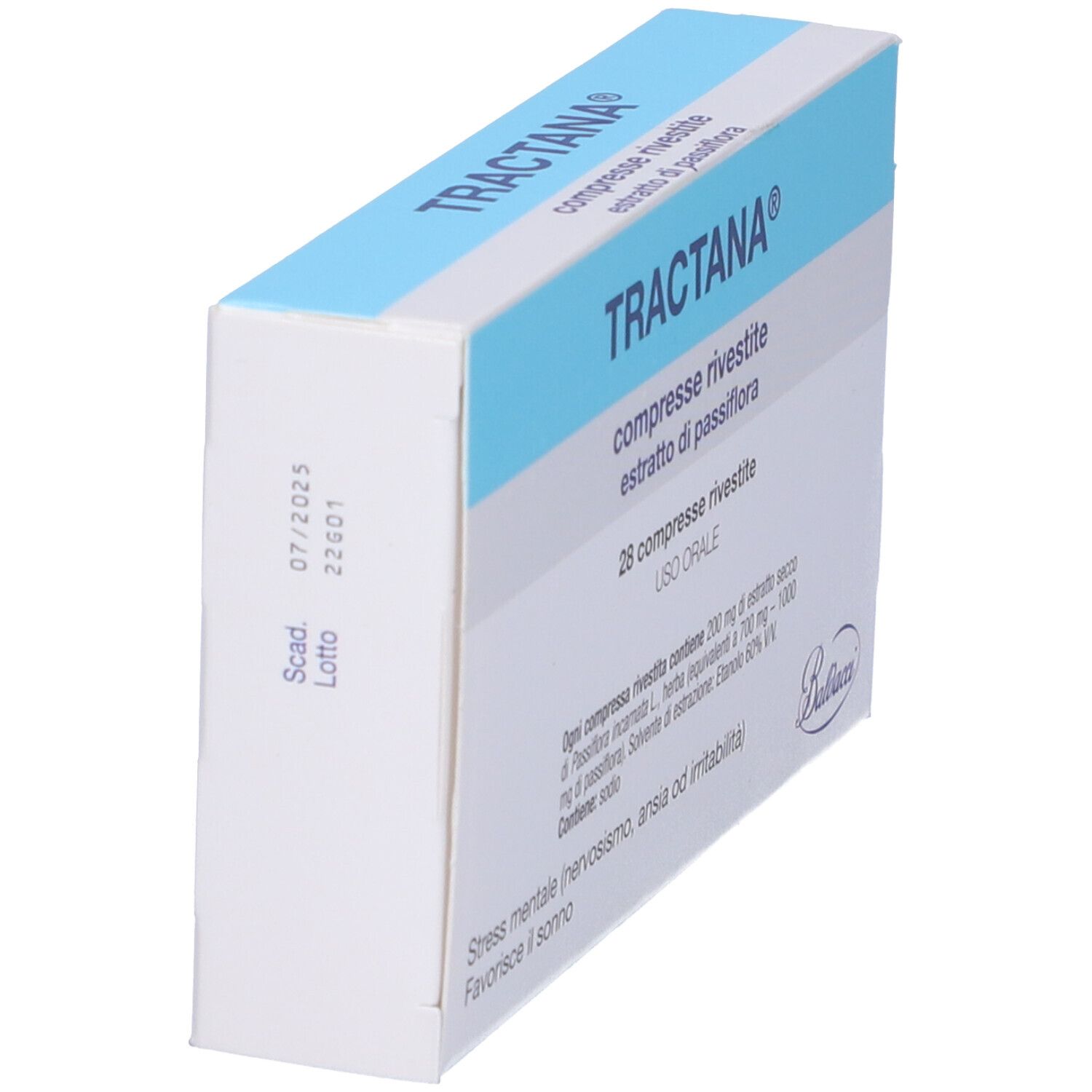 Confezione di TRACTANA®, vista laterale. Scatola blu e bianca con scritta: compresse rivestite, estratto di passiflora.