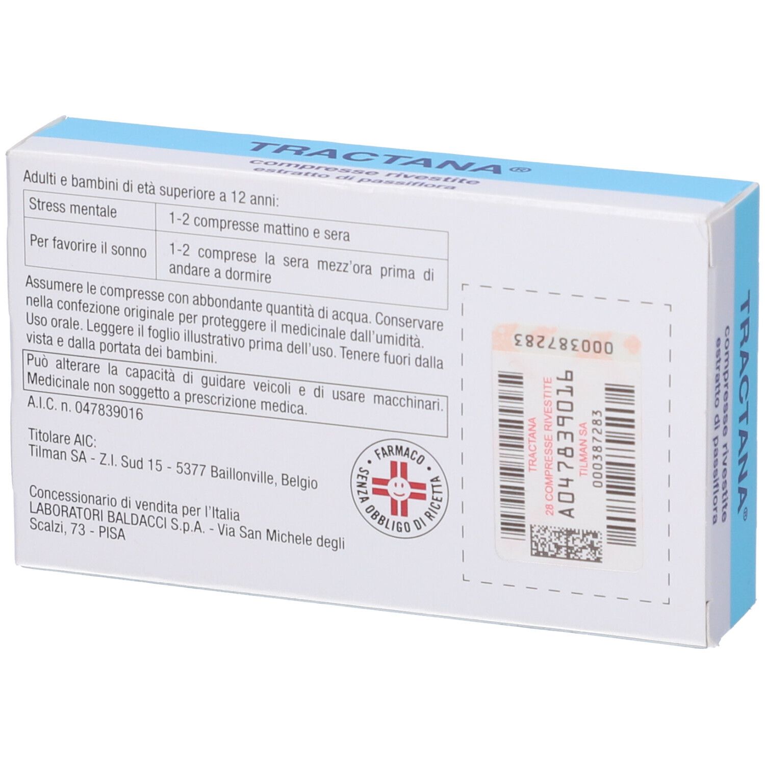 Confezione di TRACTANA®, vista posteriore. Scatola blu e bianca con scritta ed etichetta. Testo in italiano.