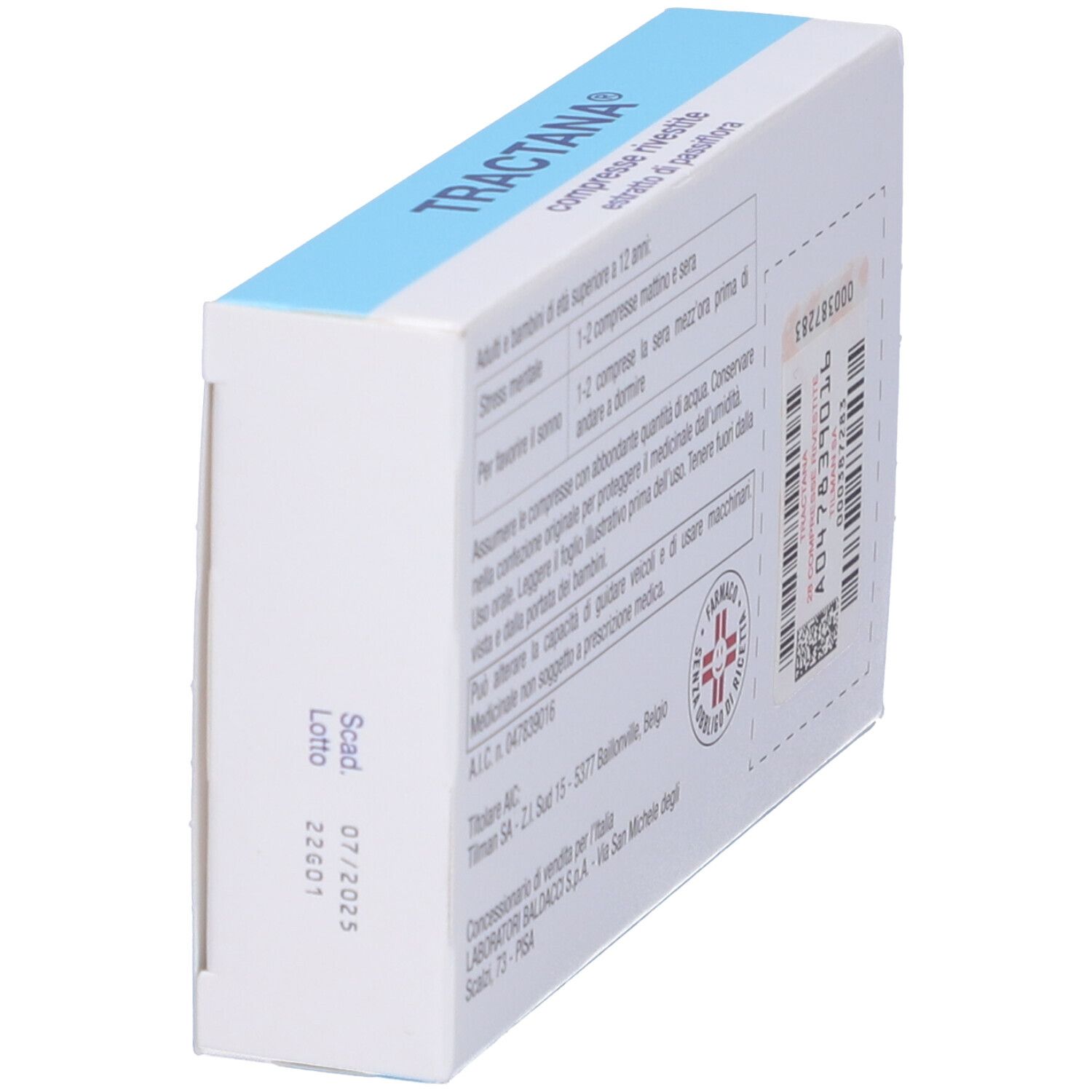 Confezione di TRACTANA®, vista posteriore obliqua. Scatola blu e bianca con scritta ed etichetta. Testo in italiano.