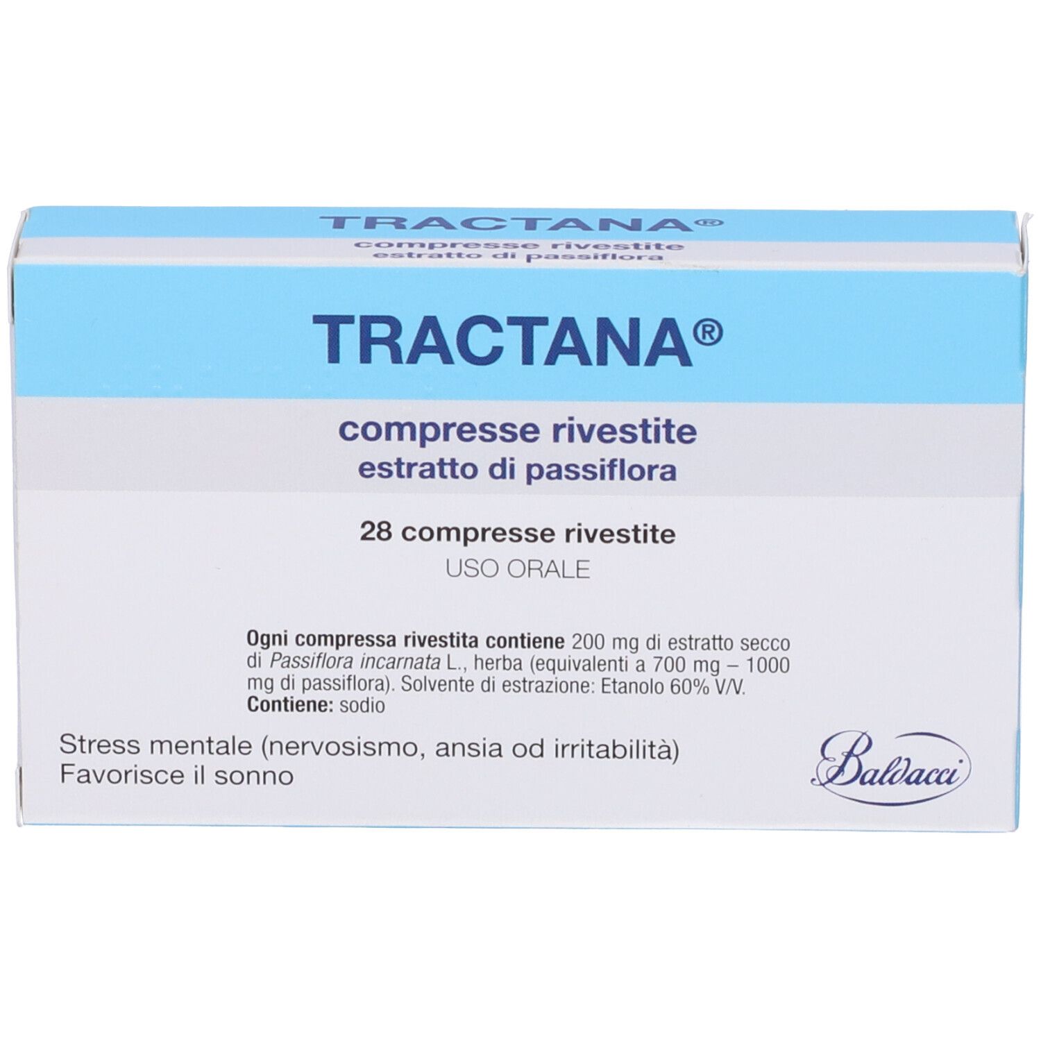 Confezione di TRACTANA®, vista frontale. Scatola blu e bianca con scritta: compresse rivestite, estratto di passiflora.