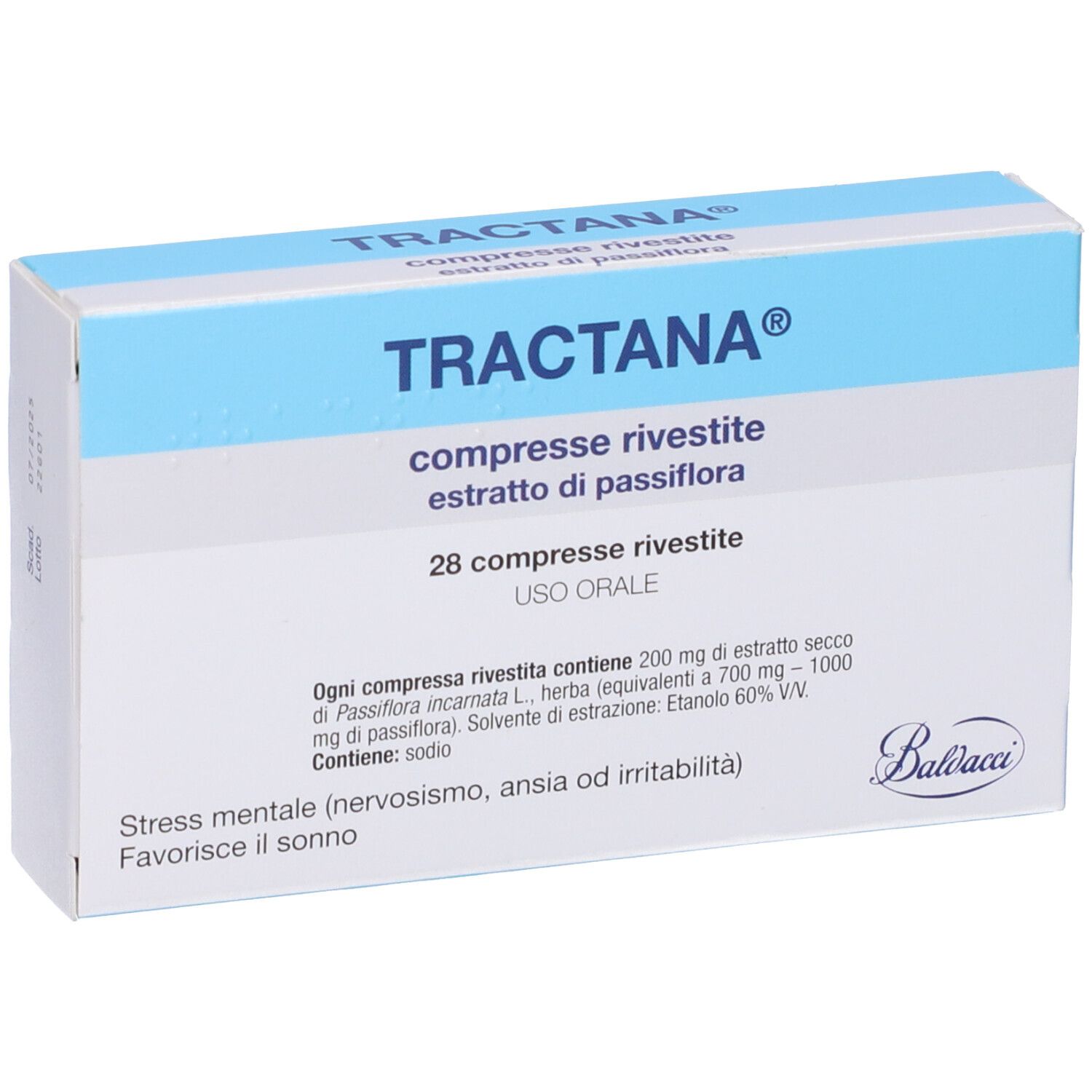 Confezione di TRACTANA®, vista frontale. Scatola blu e bianca con scritta: compresse rivestite, estratto di passiflora.