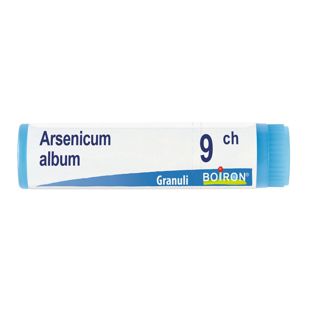 Confezione cilindrica blu. Scritta: Arsenicum album 9 ch, Granuli, Boiron.