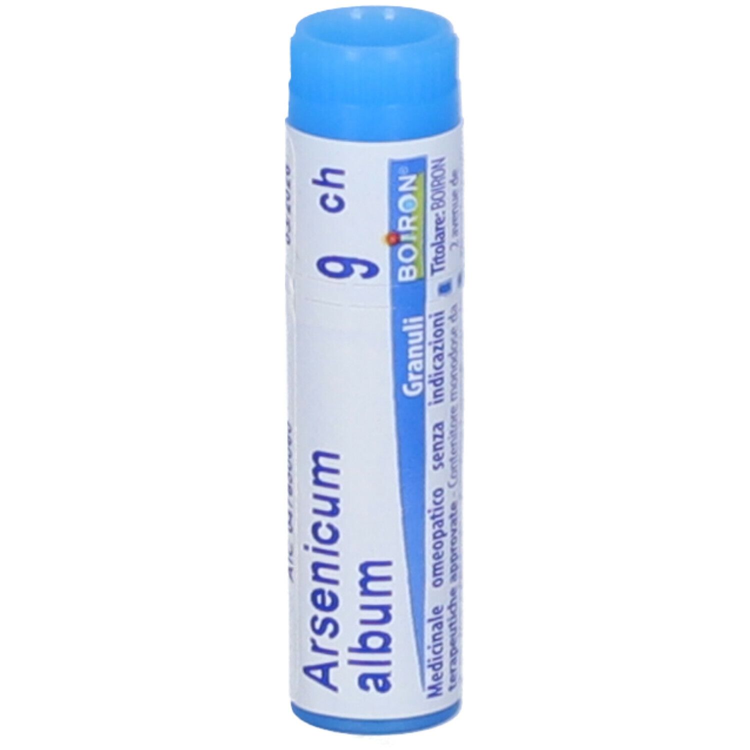 Confezione cilindrica blu. Scritta: Arsenicum album 9 ch, Granuli, Boiron.