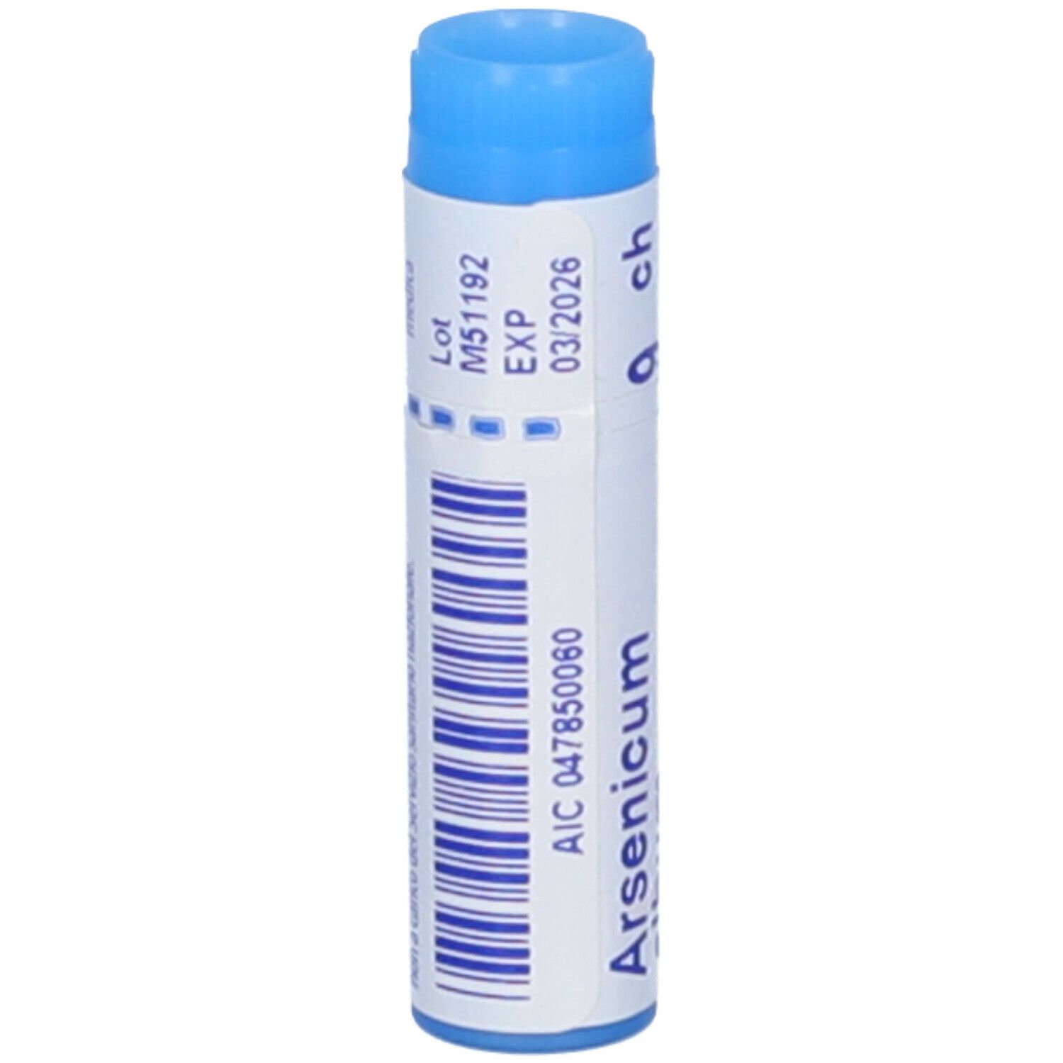 Confezione cilindrica blu. Scritta: Arsenicum, 9 ch, numero di lotto, data di scadenza.
