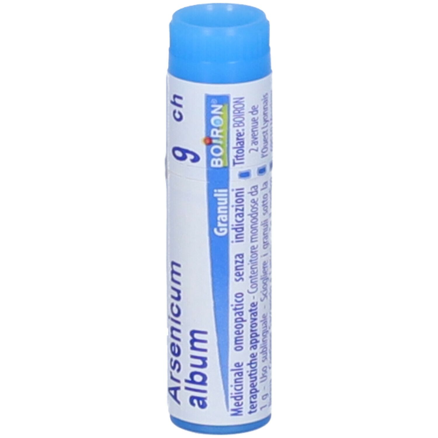 Confezione cilindrica blu. Scritta: Arsenicum album 9 ch, Granuli, Boiron.