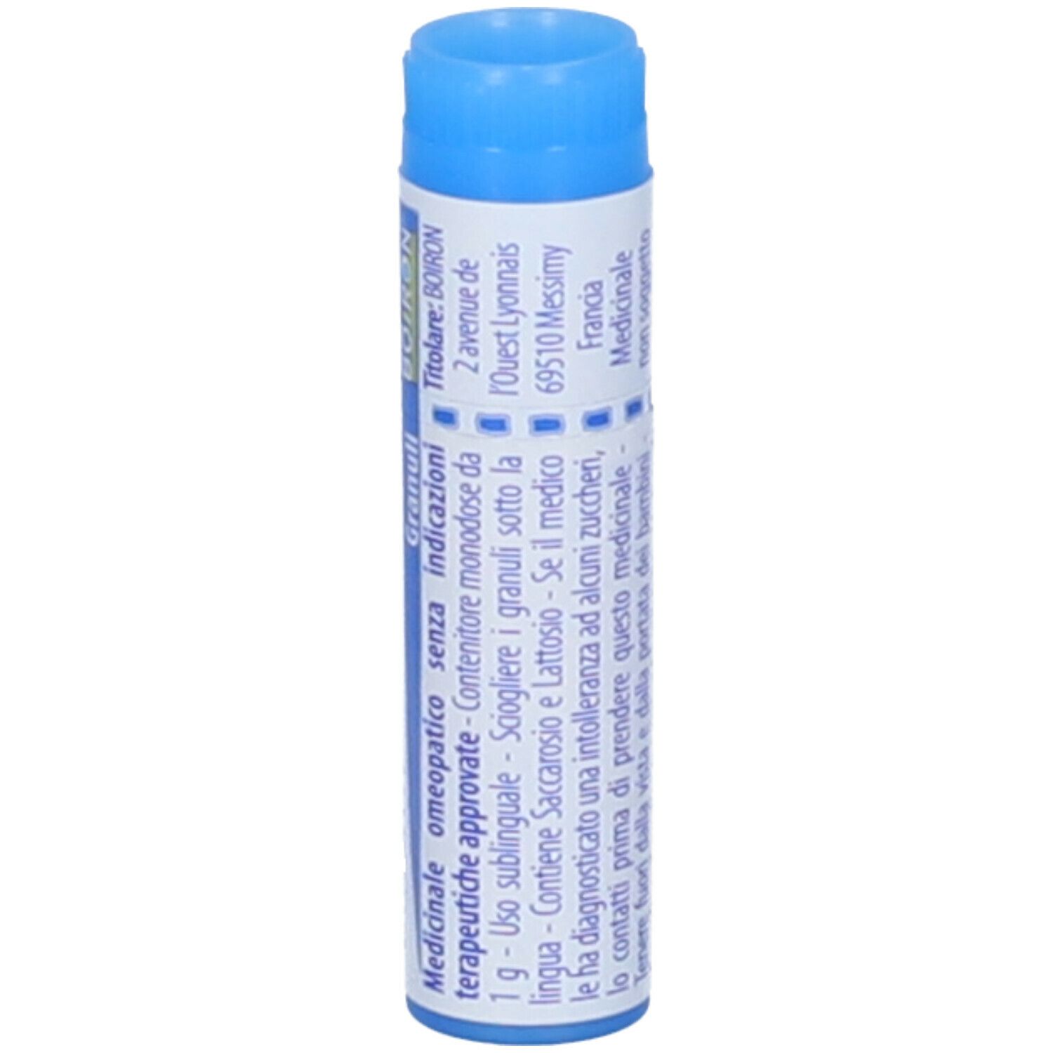 Confezione cilindrica blu. Scritta: Arsenicum album 9 ch, Granuli, Boiron.