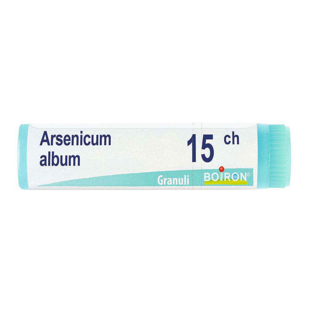 Confezione cilindrica con "Arsenicum album 15 ch". Marchio Boiron. Tappo e testo azzurro.