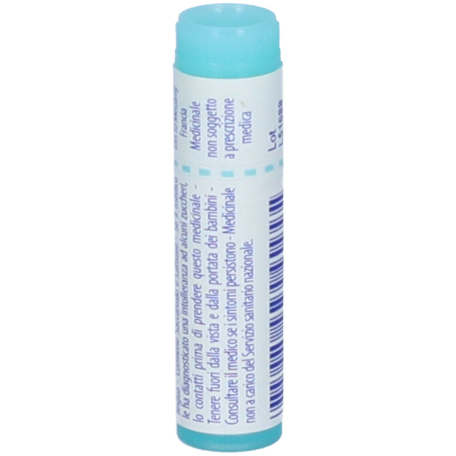 Confezione cilindrica con "Arsenicum album". Tappo azzurro. Testo in italiano.