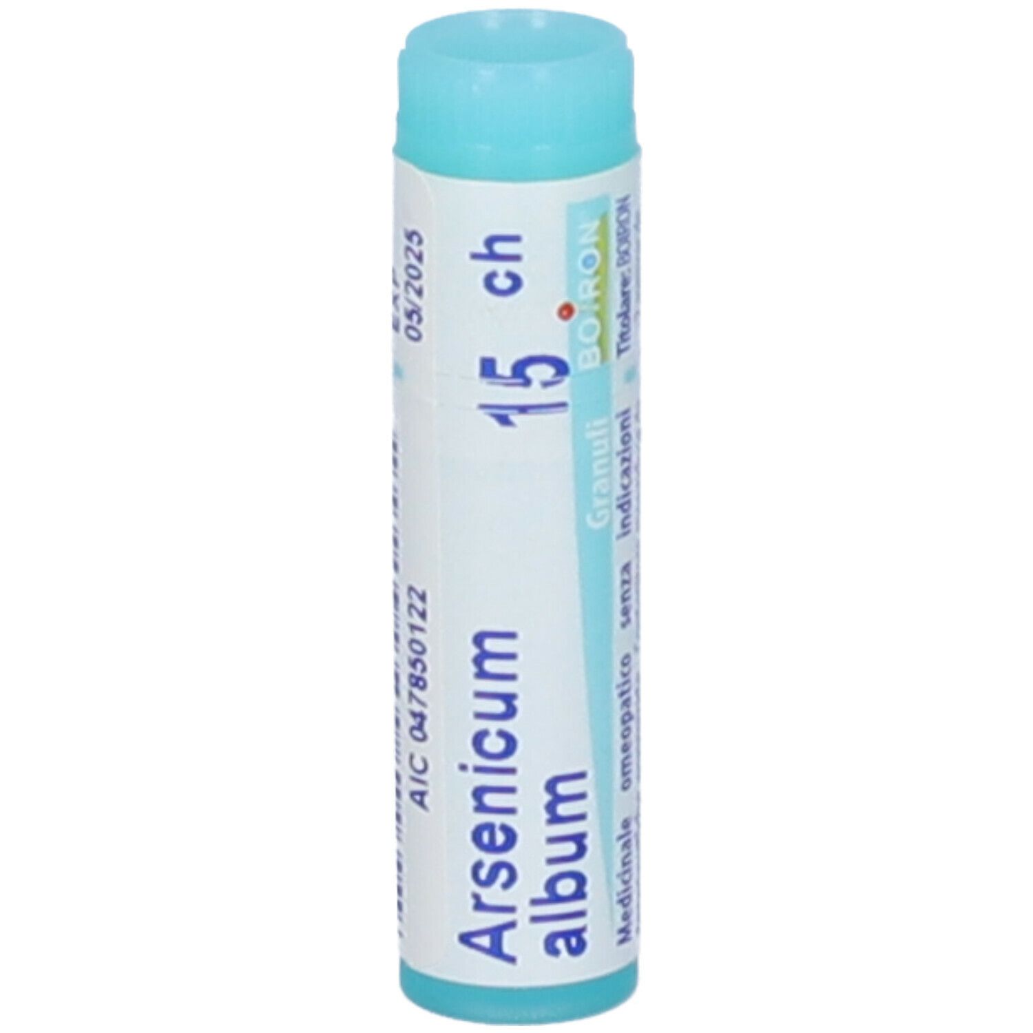 Confezione cilindrica con "Arsenicum album 15 ch". Tappo azzurro. Scritte e data di scadenza.