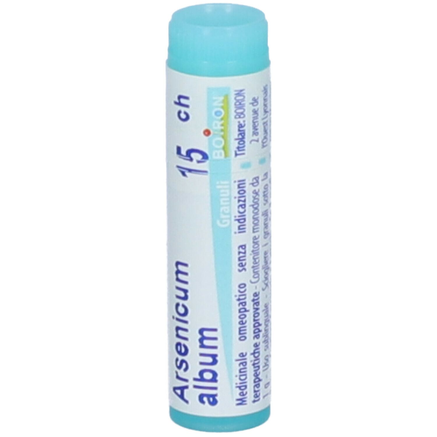 Confezione cilindrica con "Arsenicum album 15 ch". Tappo azzurro. Marchio Boiron. Testo.