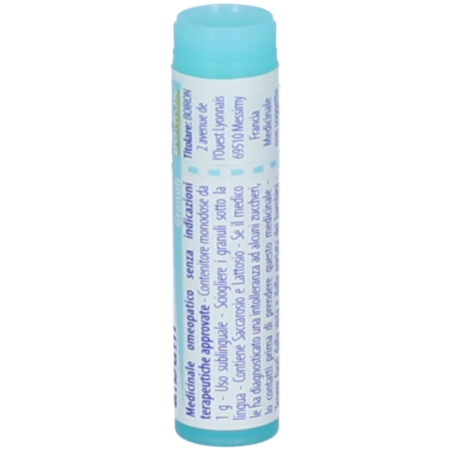 Confezione cilindrica con "Arsenicum album". Tappo azzurro. Testo in italiano.