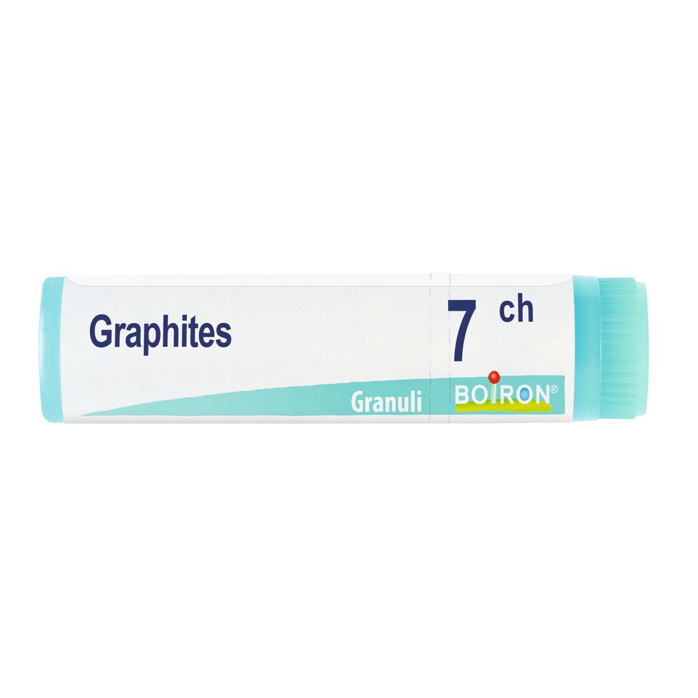 Confezione cilindrica. Scritte: Graphites, 7 ch, Granuli, BOIRON. Colori: bianco, turchese.