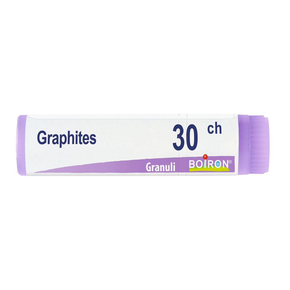 Confezione cilindrica Graphites 30 ch, Granuli, logo Boiron. Tappo e base viola.