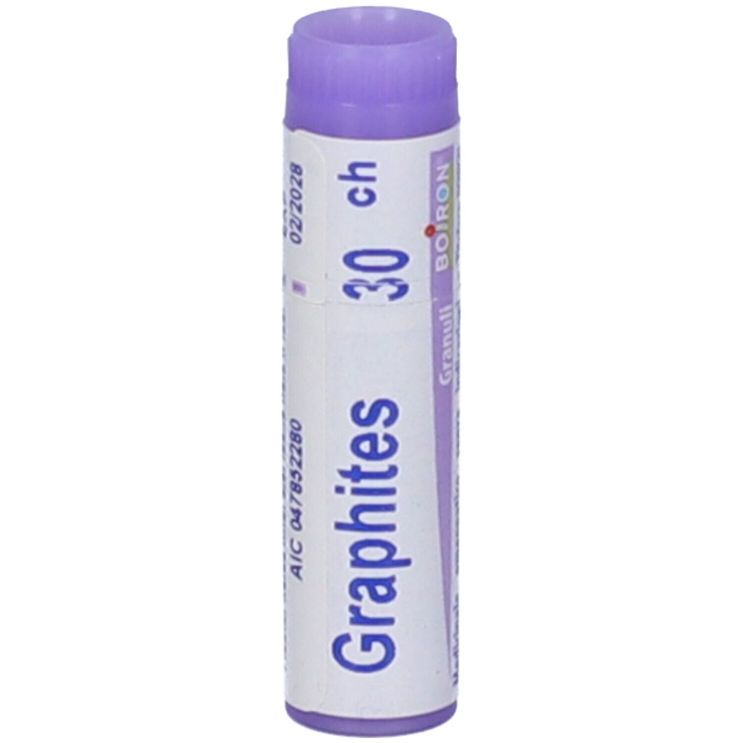 Tubo cilindrico Graphites 30 ch, logo Boiron, scadenza 02/2028.