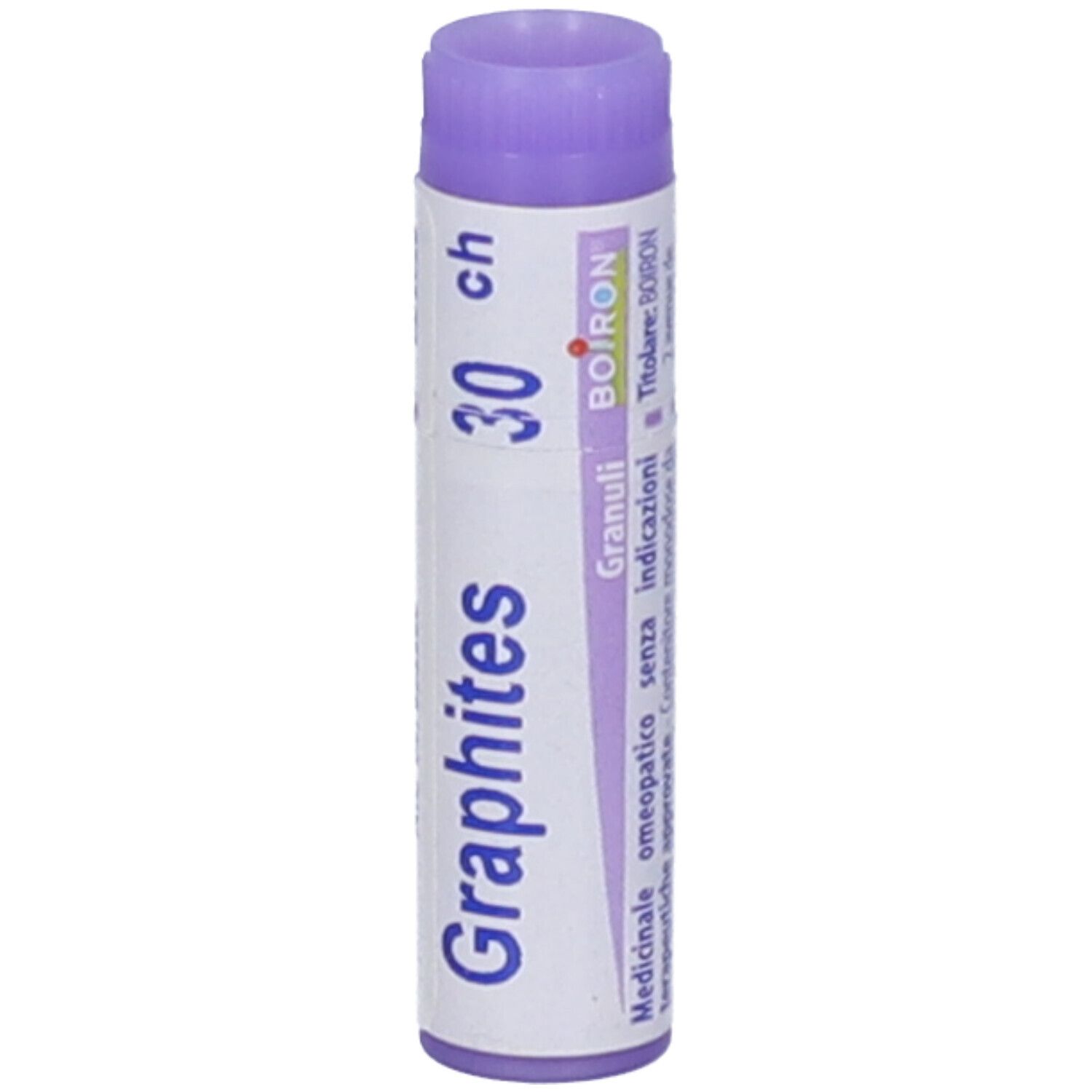 Tubo cilindrico Graphites 30 ch, logo Boiron, informazioni mediche.