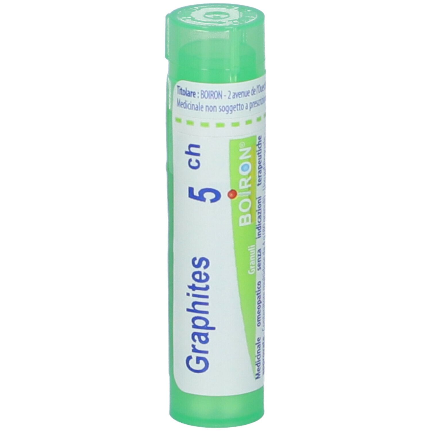 Confezione cilindrica verde. Scritta: Graphites 5 ch, BOIRON. Punto rosso.