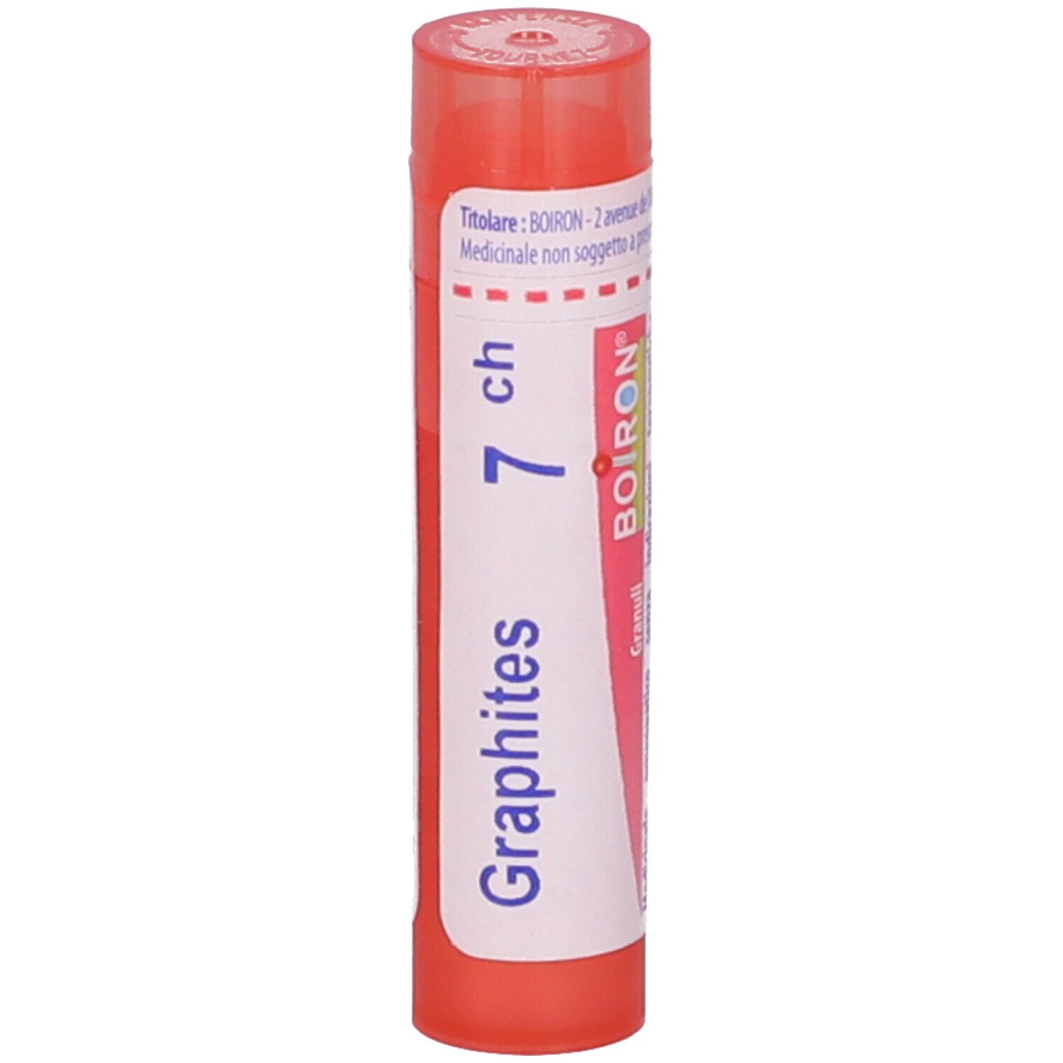 Confezione cilindrica rossa con Graphites 7 ch e logo BOIRON. Scritta Granuli.