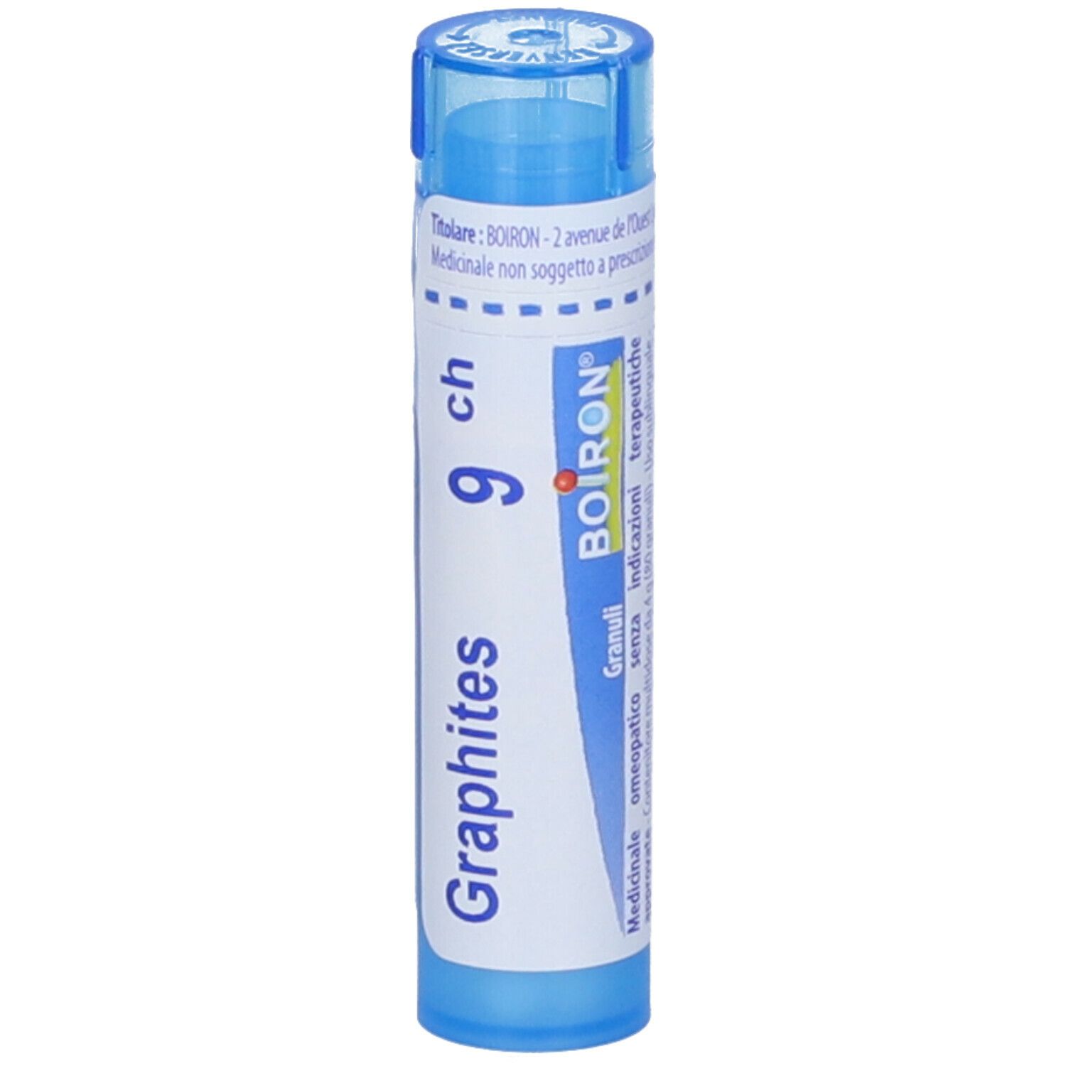 Confezione cilindrica blu. Scritta: Graphites 9 ch, BOIRON. Tappo blu in alto.