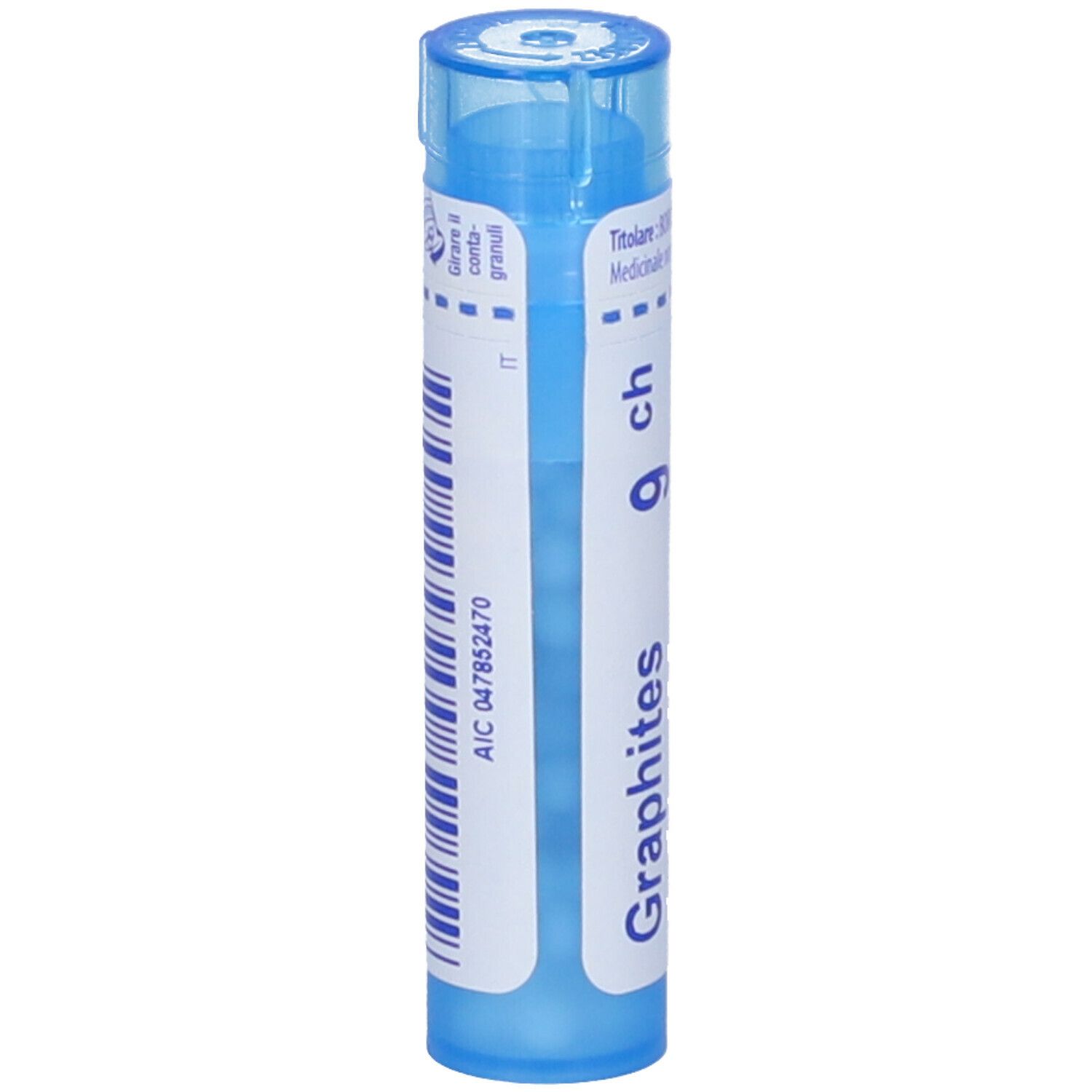 Confezione cilindrica blu. Scritta: Graphites 9 ch. Etichetta con codice a barre e informazioni.