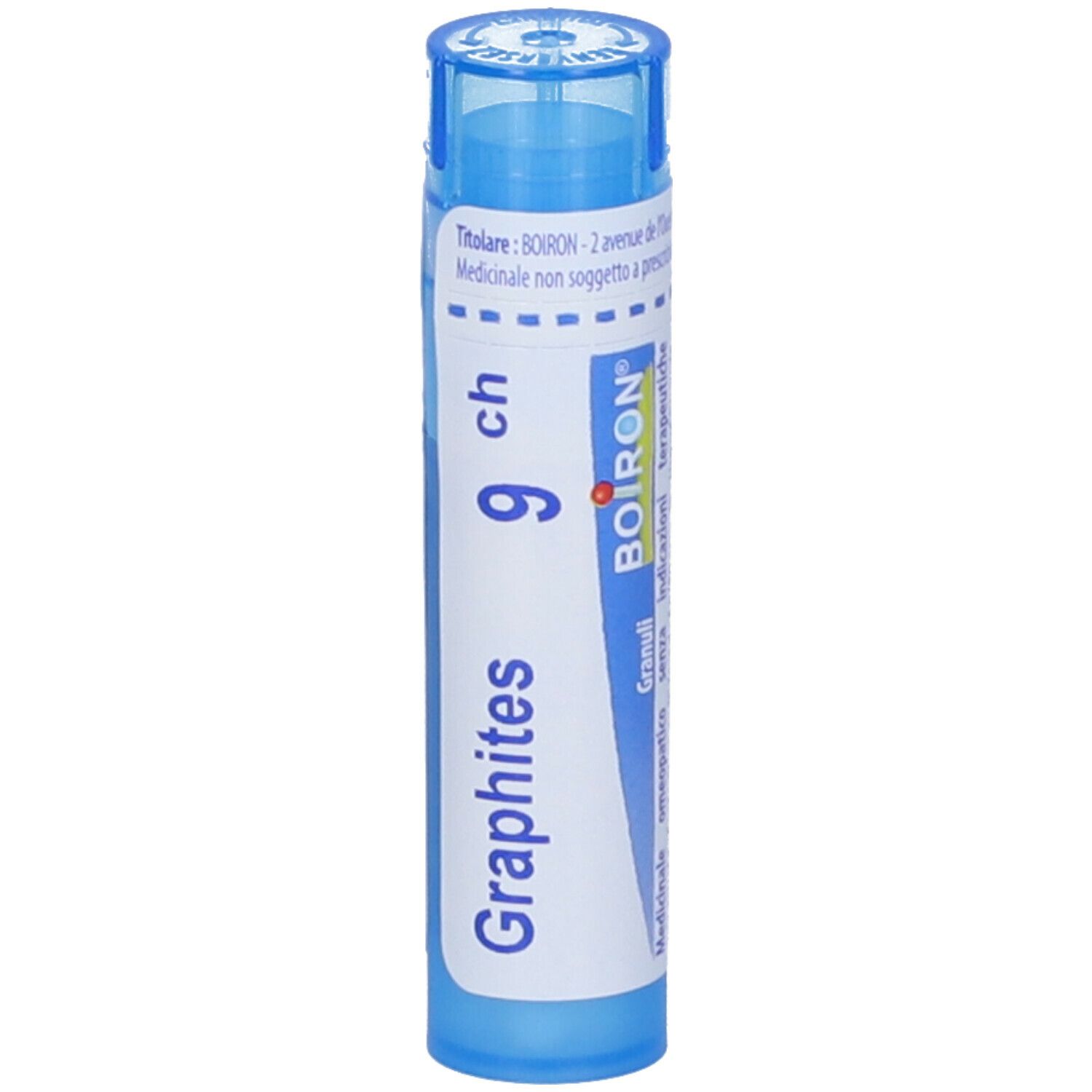 Confezione cilindrica blu. Scritta: Graphites 9 ch, BOIRON. Con punto rosso.