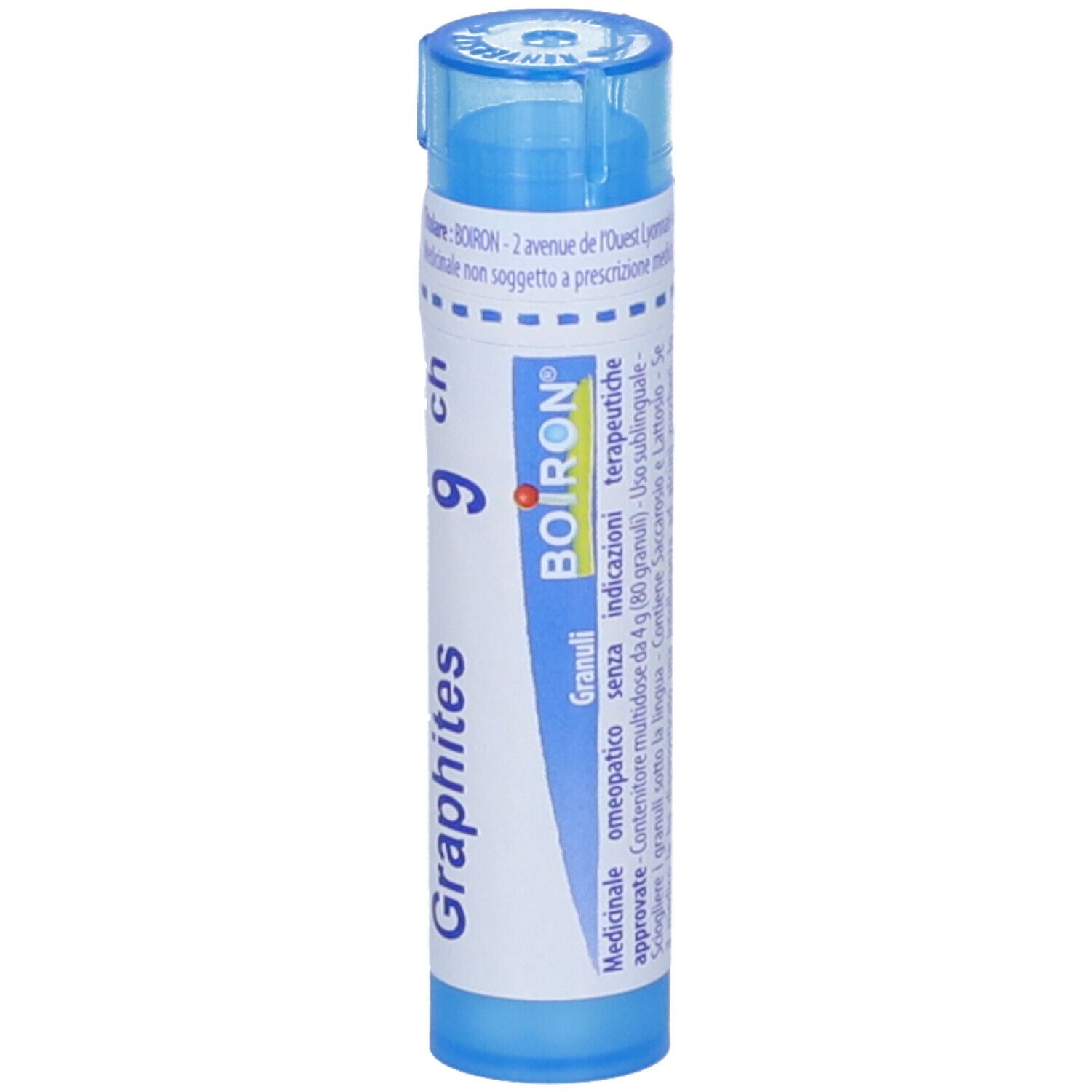 Confezione cilindrica blu. Scritta: Graphites 9 ch, BOIRON. Informazioni aggiuntive.