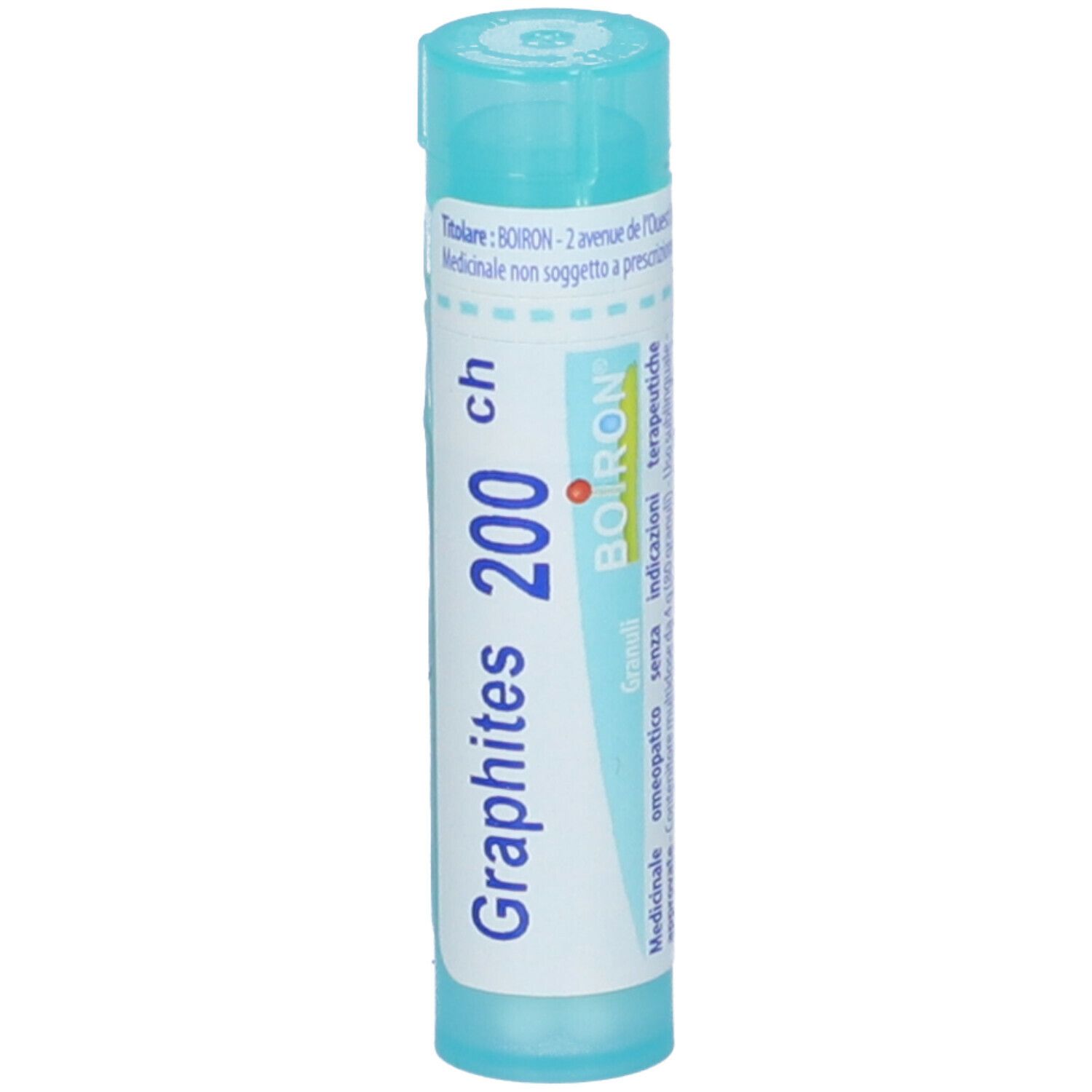Confezione cilindrica con "Graphites 200 ch" e logo Boiron. Tappo azzurro. Granuli.