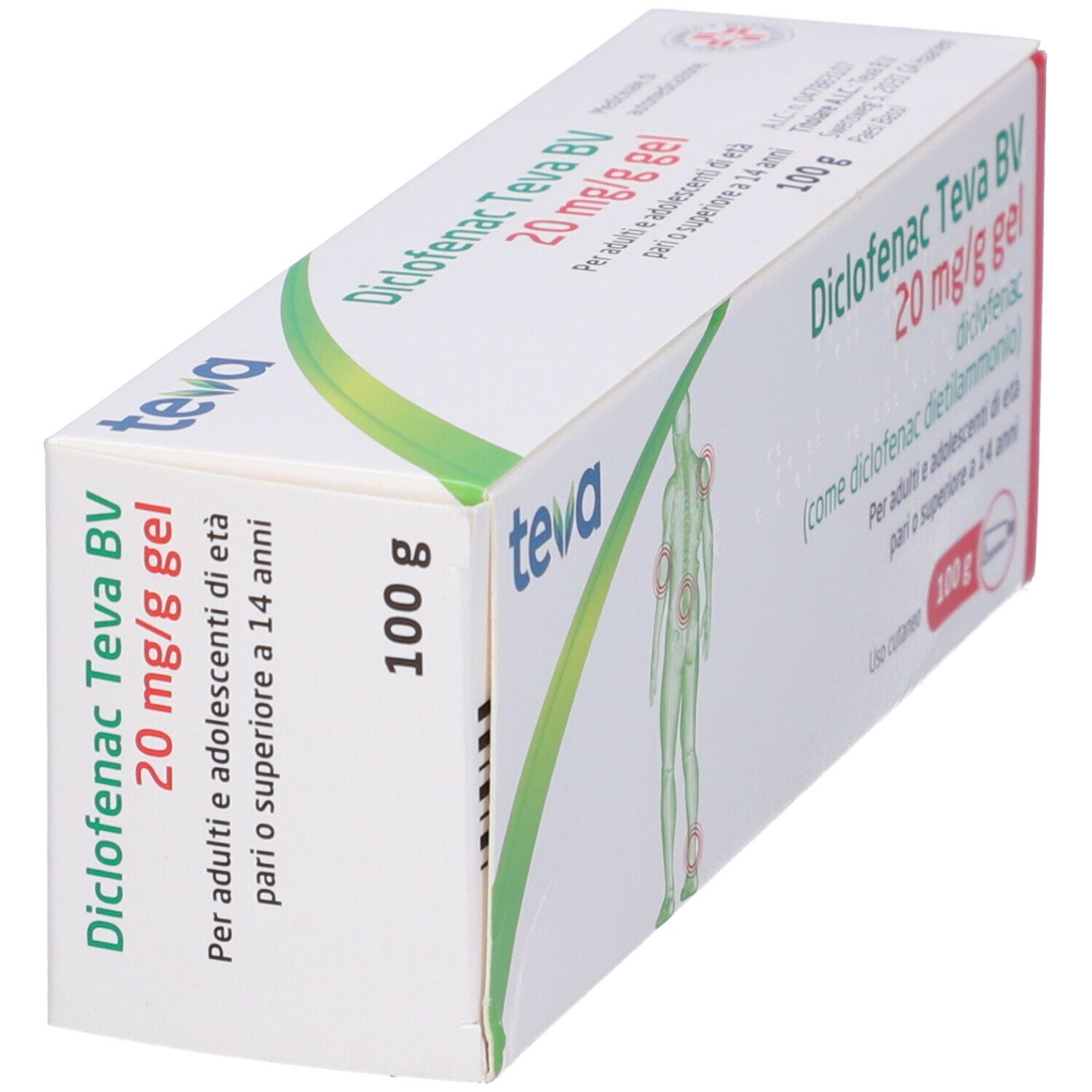 Scatola di gel Diclofenac Teva BV. Scritta: 20 mg/g, 100 g. Confezione angolata, con testo e illustrazione del corpo.