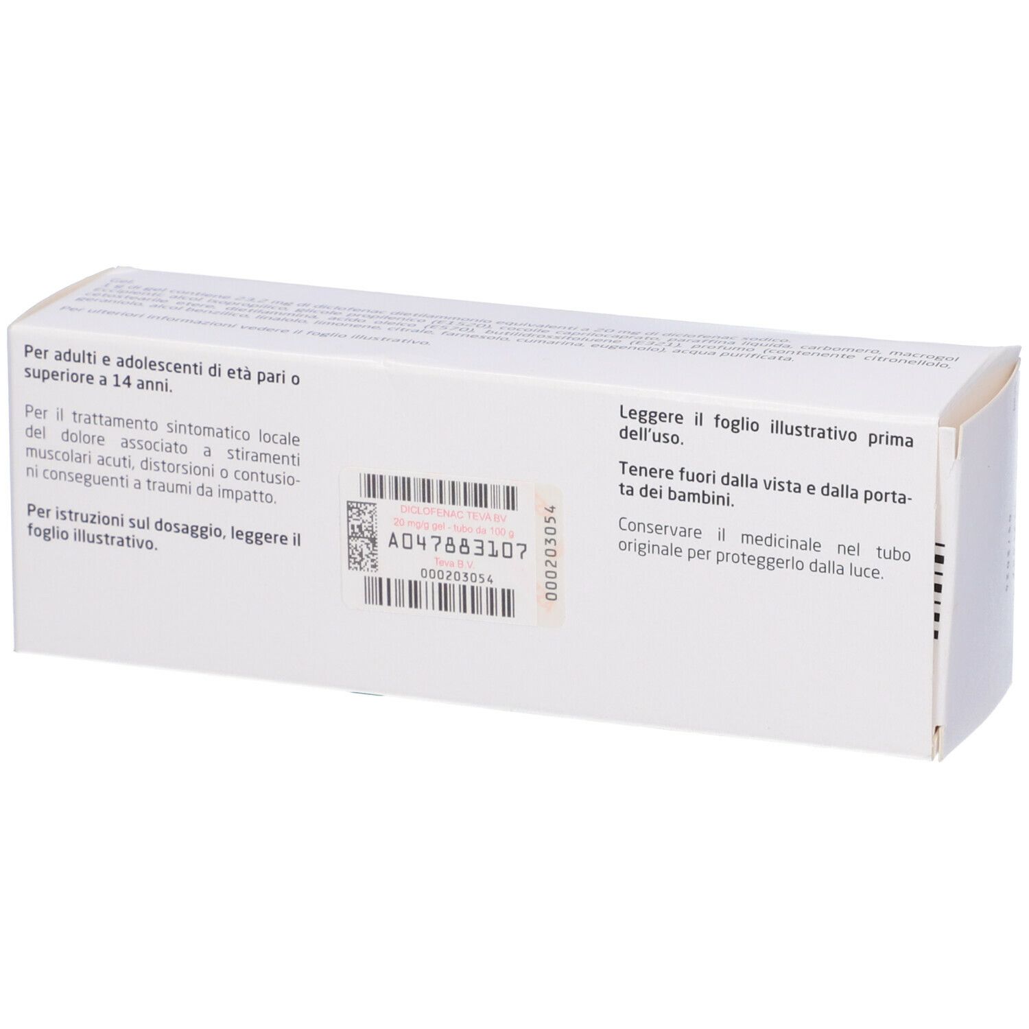 Retro della confezione del gel Diclofenac Teva BV. Testo e codice a barre. Indirizzi e avvertenze.