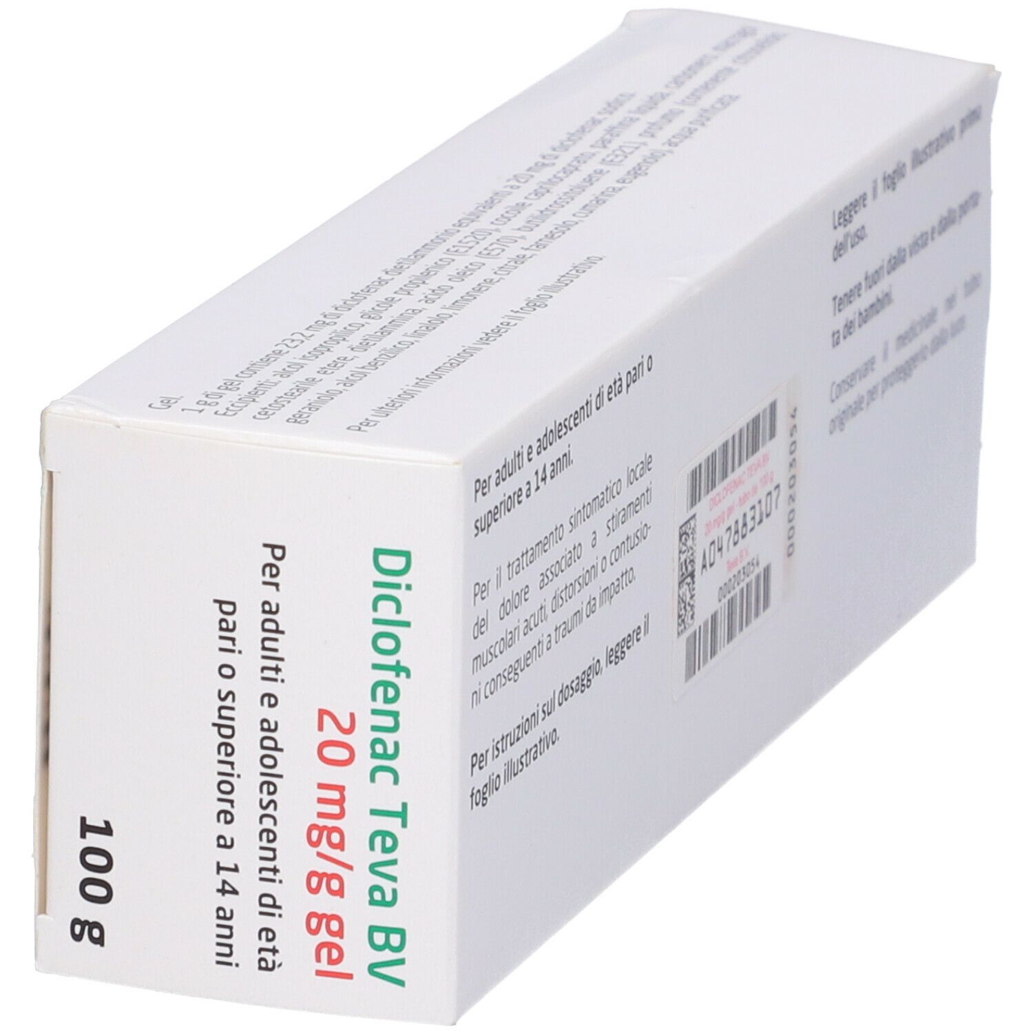 Scatola di gel Diclofenac Teva BV. Scritta: 20 mg/g, 100 g. Confezione angolata, con testo.