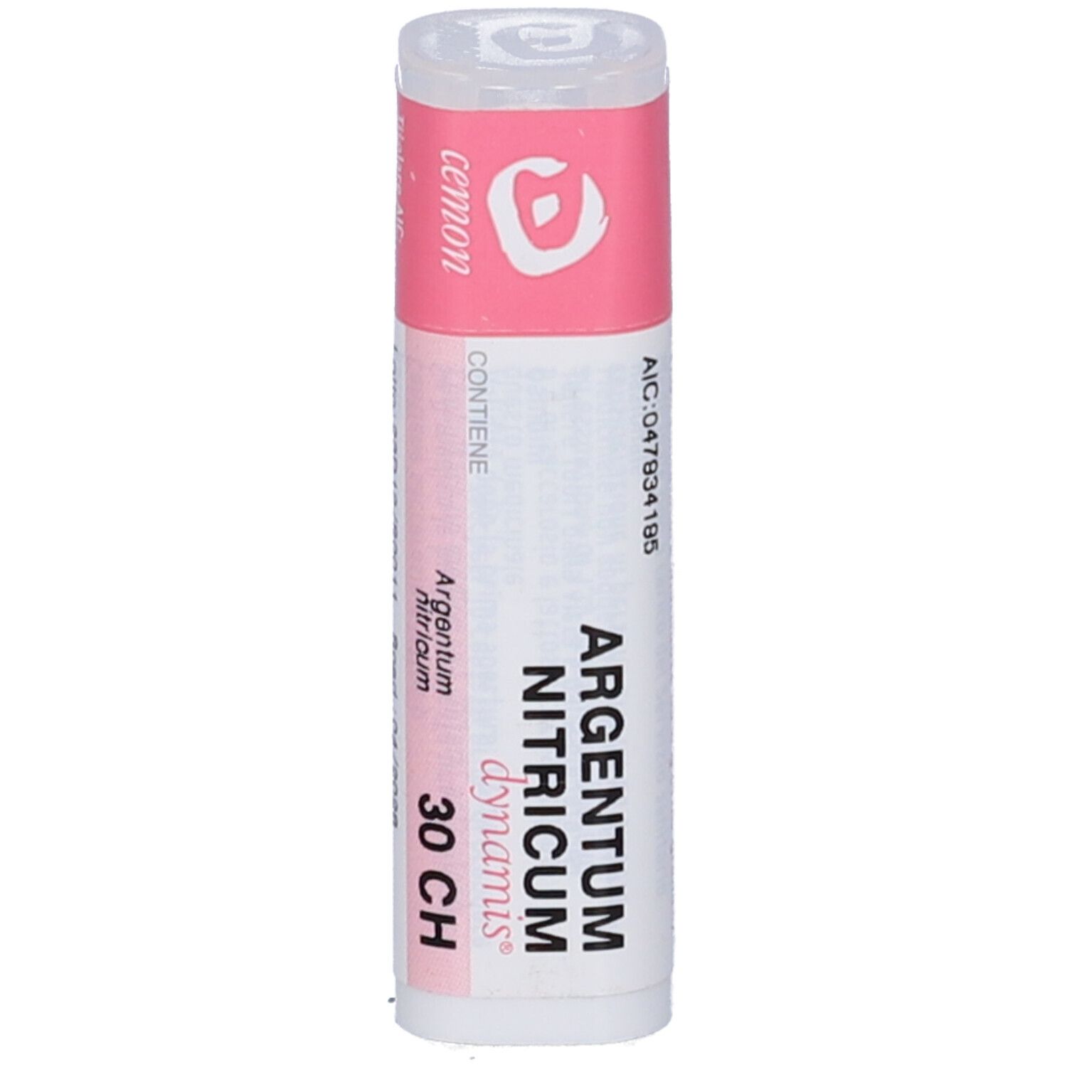 Confezione cilindrica. Etichette rosa e bianche. Scritta: Argentum Nitricum dynamis 30 CH.