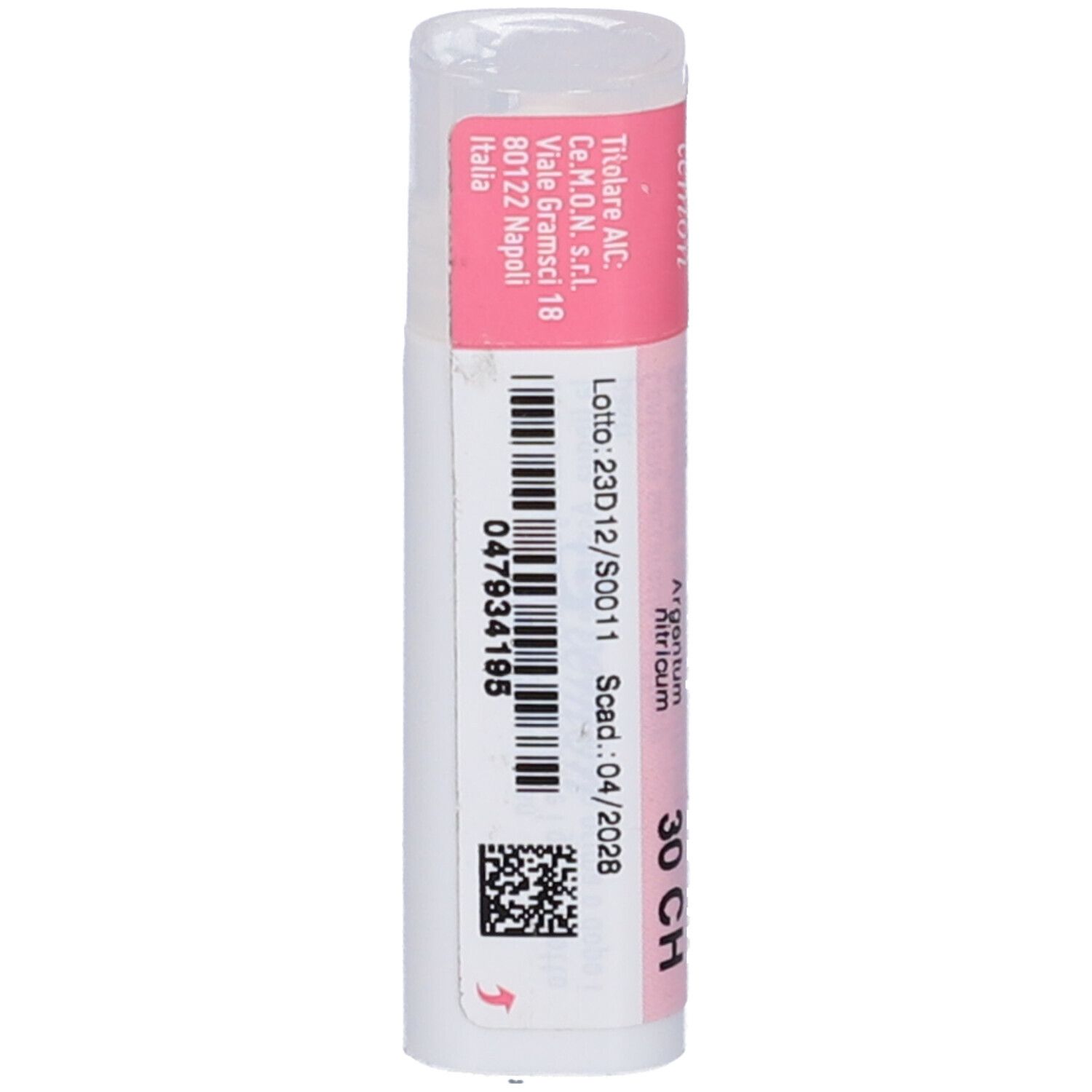 Confezione cilindrica. Etichette rosa e bianche. Scritta: Argentum Nitricum dynamis 30 CH. Codice a barre.