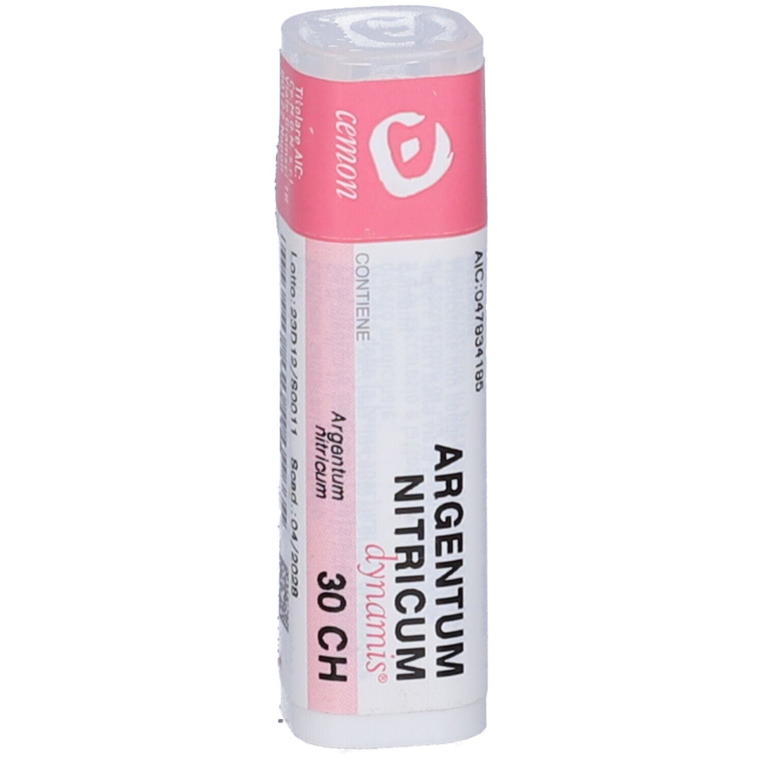 Confezione cilindrica. Etichette rosa e bianche. Scritta: Argentum Nitricum dynamis 30 CH.