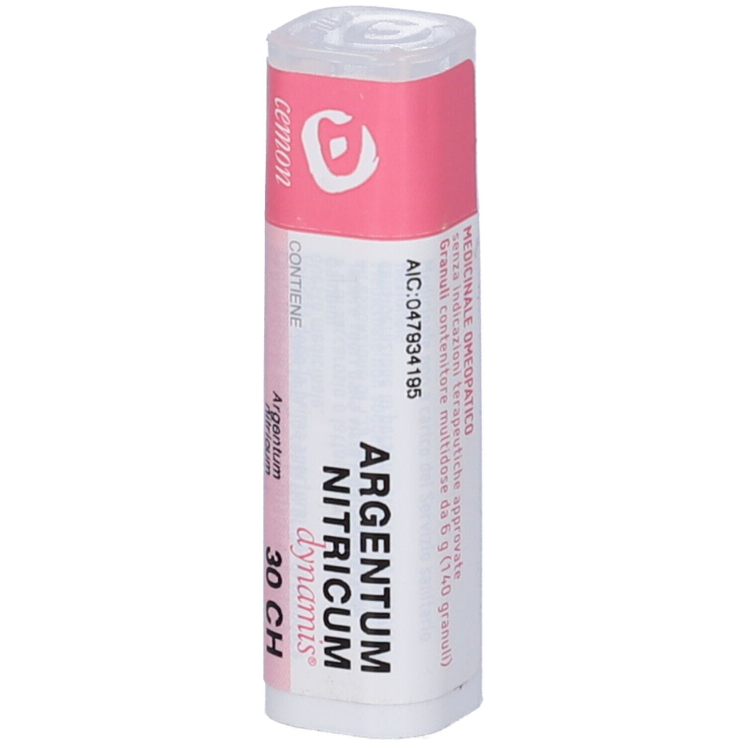Confezione cilindrica. Etichette rosa e bianche. Scritta: Argentum Nitricum dynamis 30 CH. Medicinale.