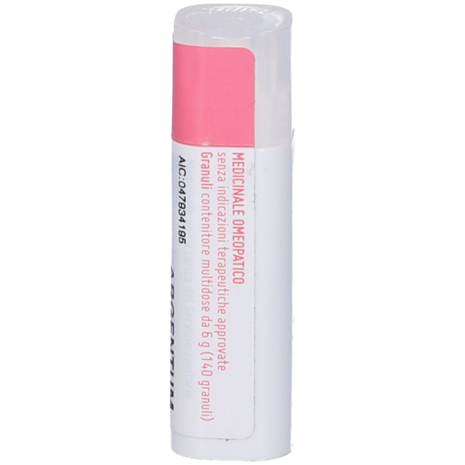 Confezione cilindrica. Etichette rosa e bianche. Scritta: Medicinale. Argentum Nitricum.