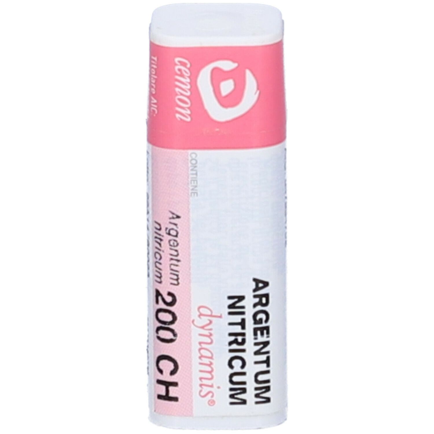 Flacone bianco con etichetta rosa. Scritte: Argentum Nitricum 200 CH, cemon, dynamis. Contiene granuli.