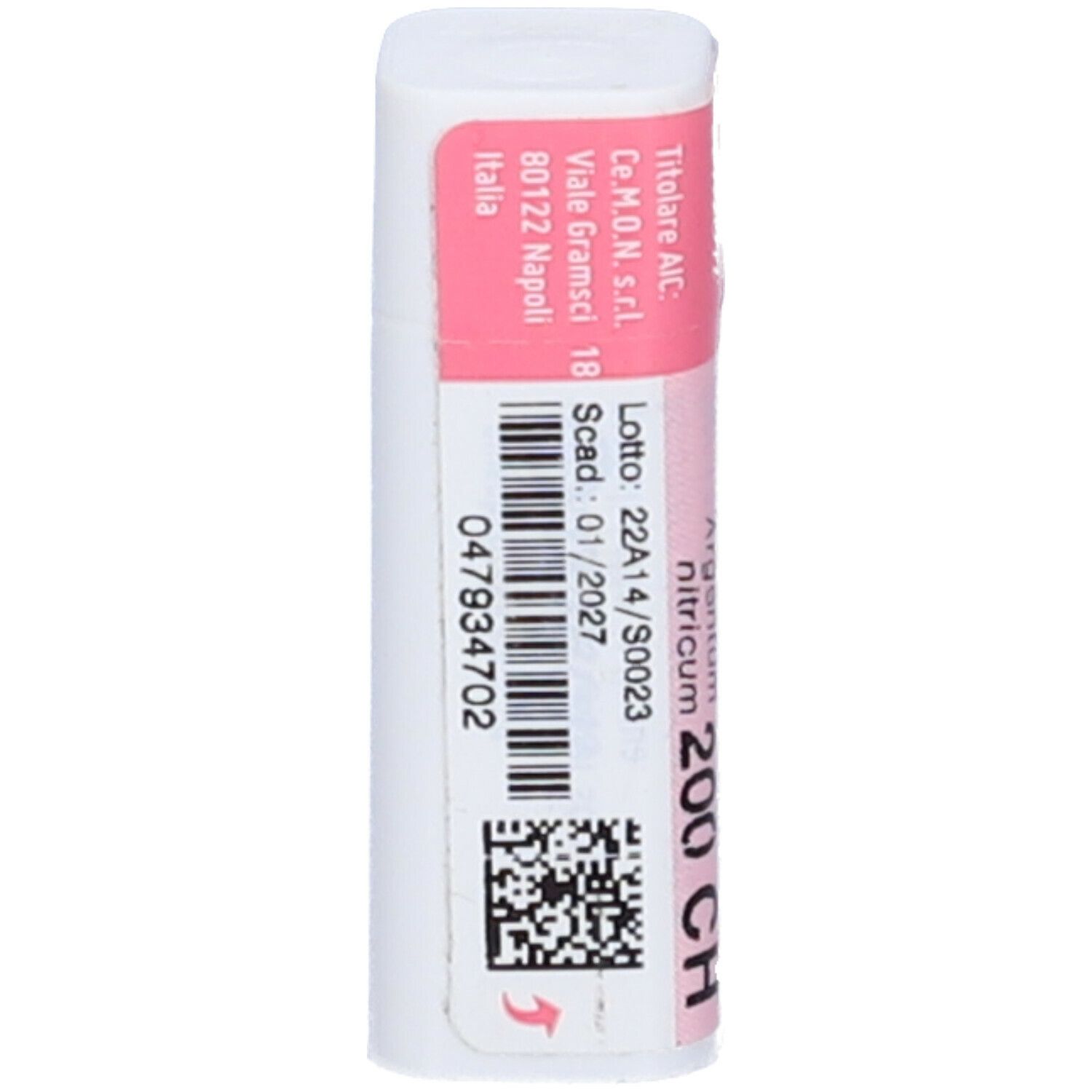 Flacone bianco con etichetta rosa. Scritte: Argentum Nitricum 200 CH, cemon, dynamis. Codice a barre e numero di lotto.