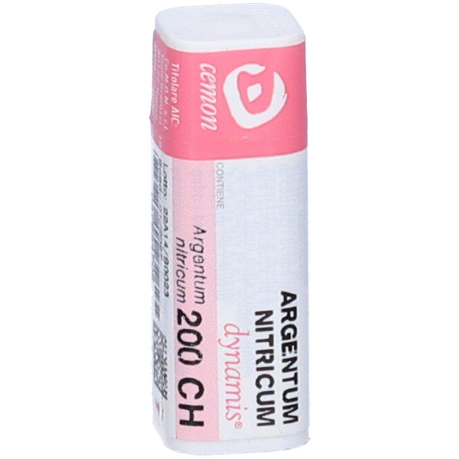Flacone bianco con etichetta rosa. Scritte: Argentum Nitricum 200 CH, cemon, dynamis. Contiene granuli.