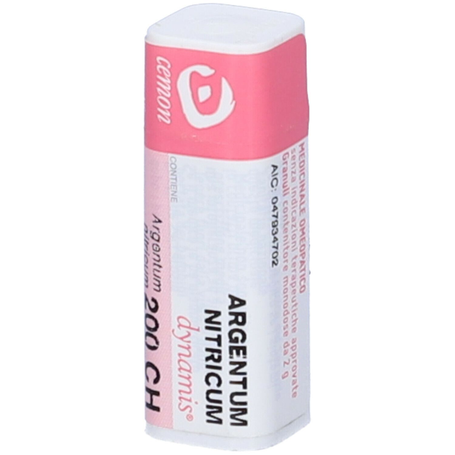 Flacone bianco con etichetta rosa. Scritte: Argentum Nitricum 200 CH, cemon, dynamis. Prodotto medico.