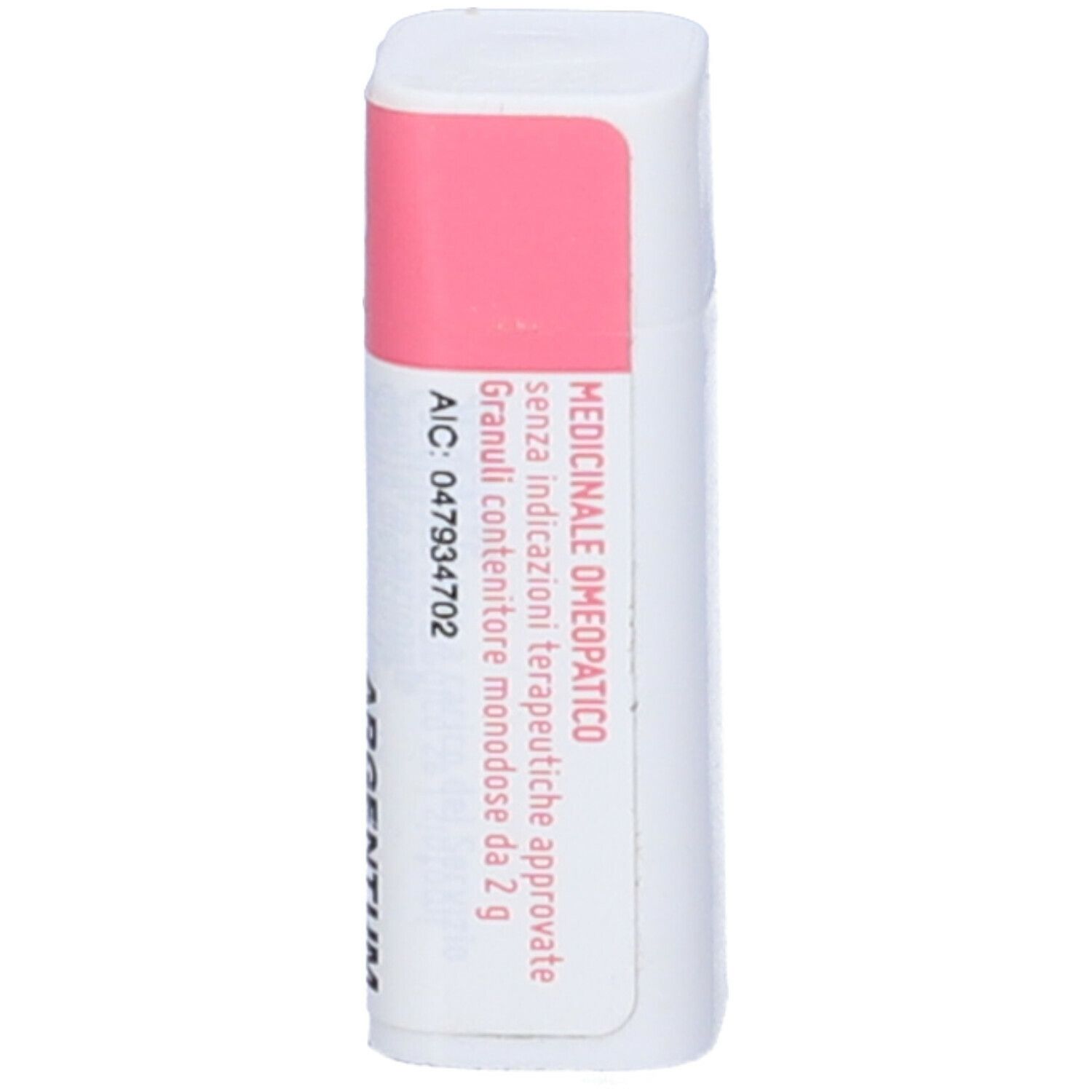 Flacone rettangolare bianco con etichetta rosa. Scritte: Prodotto medico, granuli.