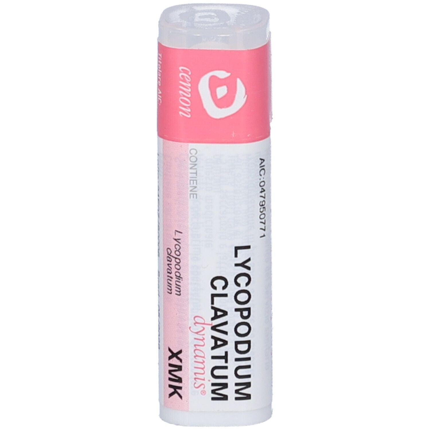 Confezione cilindrica con etichetta rosa e bianca. Testo: Lycopodium Clavatum dynamis XMK. AIC: 047950771.