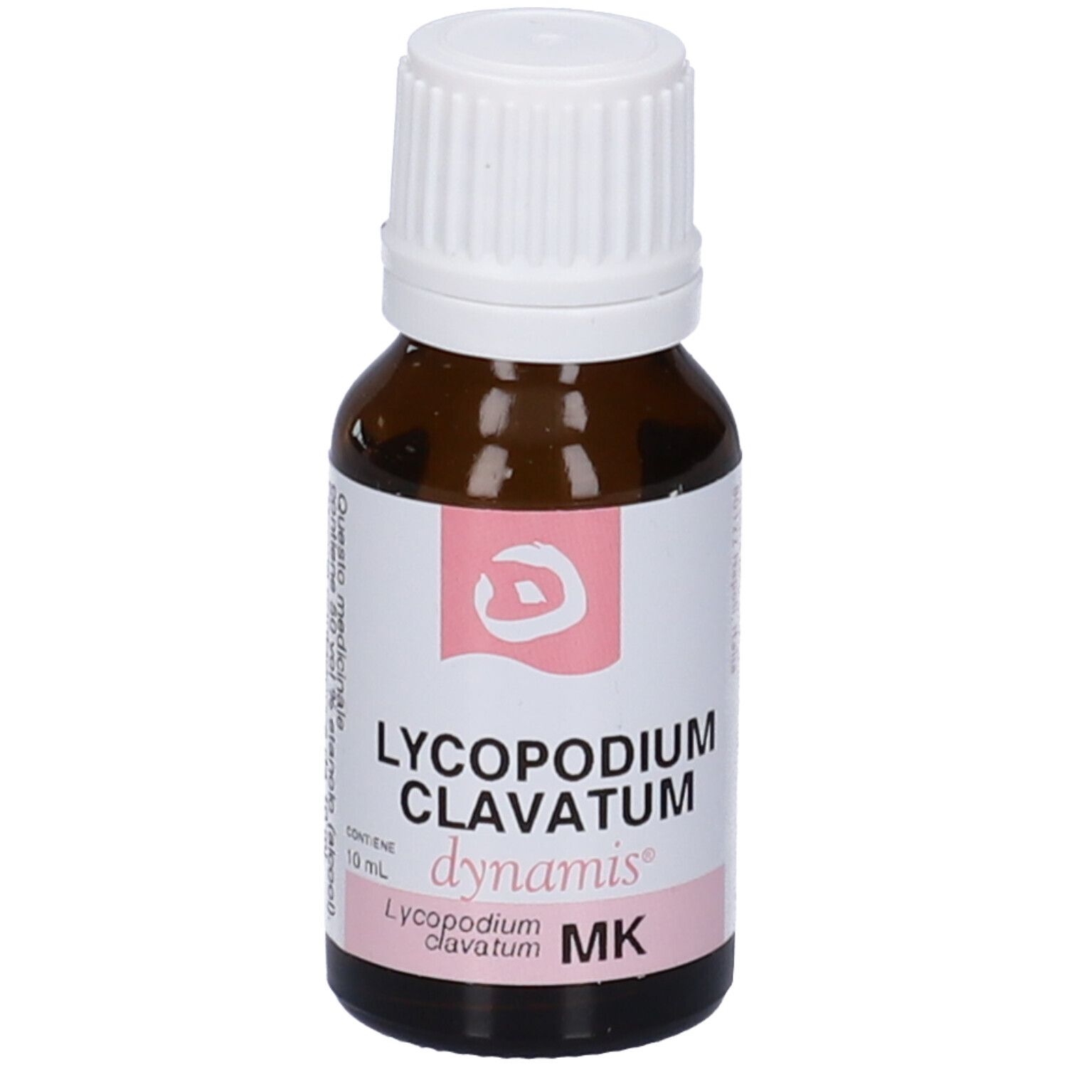Flacone di vetro marrone con tappo bianco. Etichetta rosa con testo: Lycopodium Clavatum, dynamis, MK.